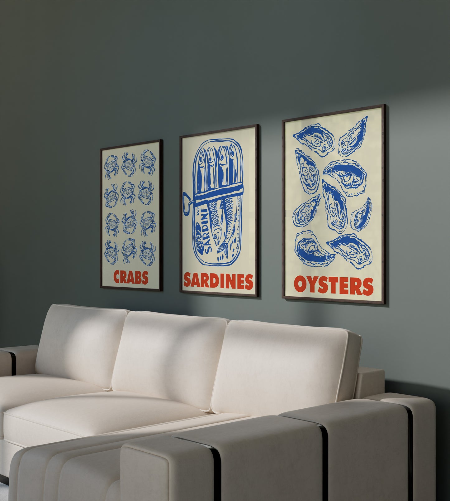 Vintage Seafood Kitchen Poster Set Crabs Sardines Oysters