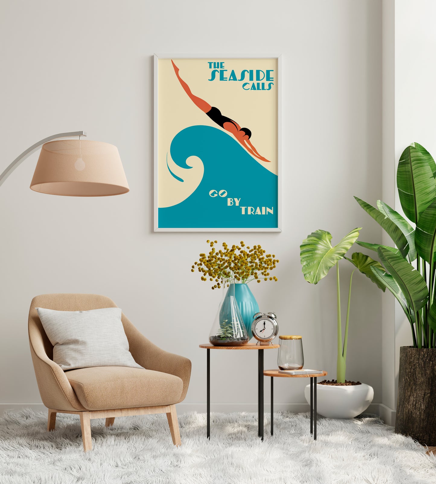 Vintage Seaside Travel Poster – Art Deco Train Advertising Wall Art Print