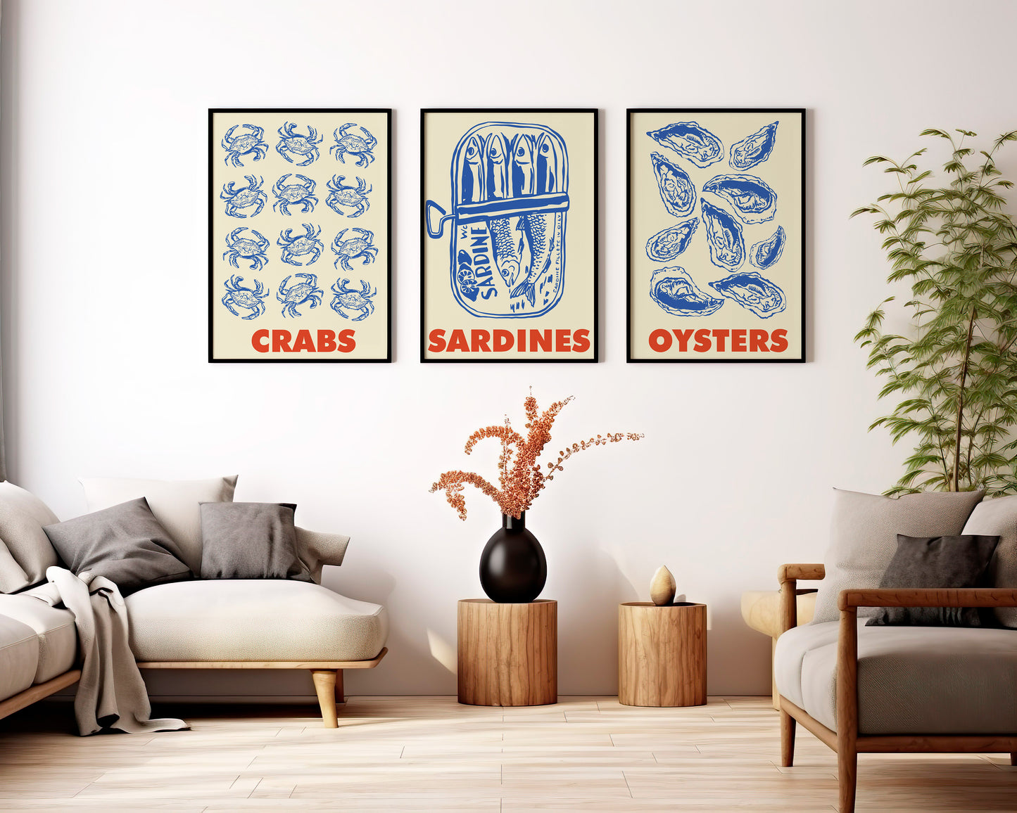 Vintage Seafood Kitchen Poster Set Crabs Sardines Oysters