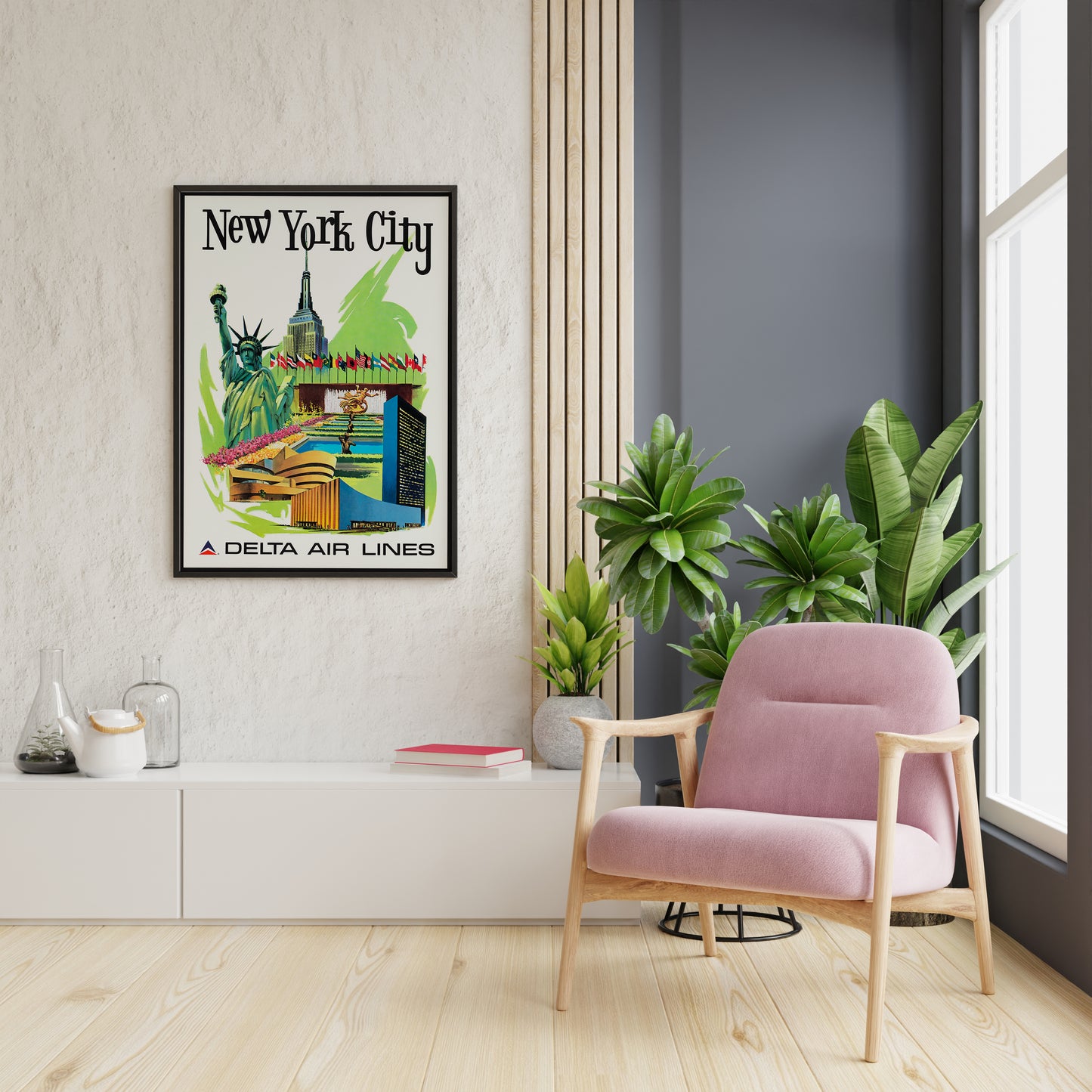 New York City Vintage Airline Travel Poster – Mid Century Aviation Wall Art Print