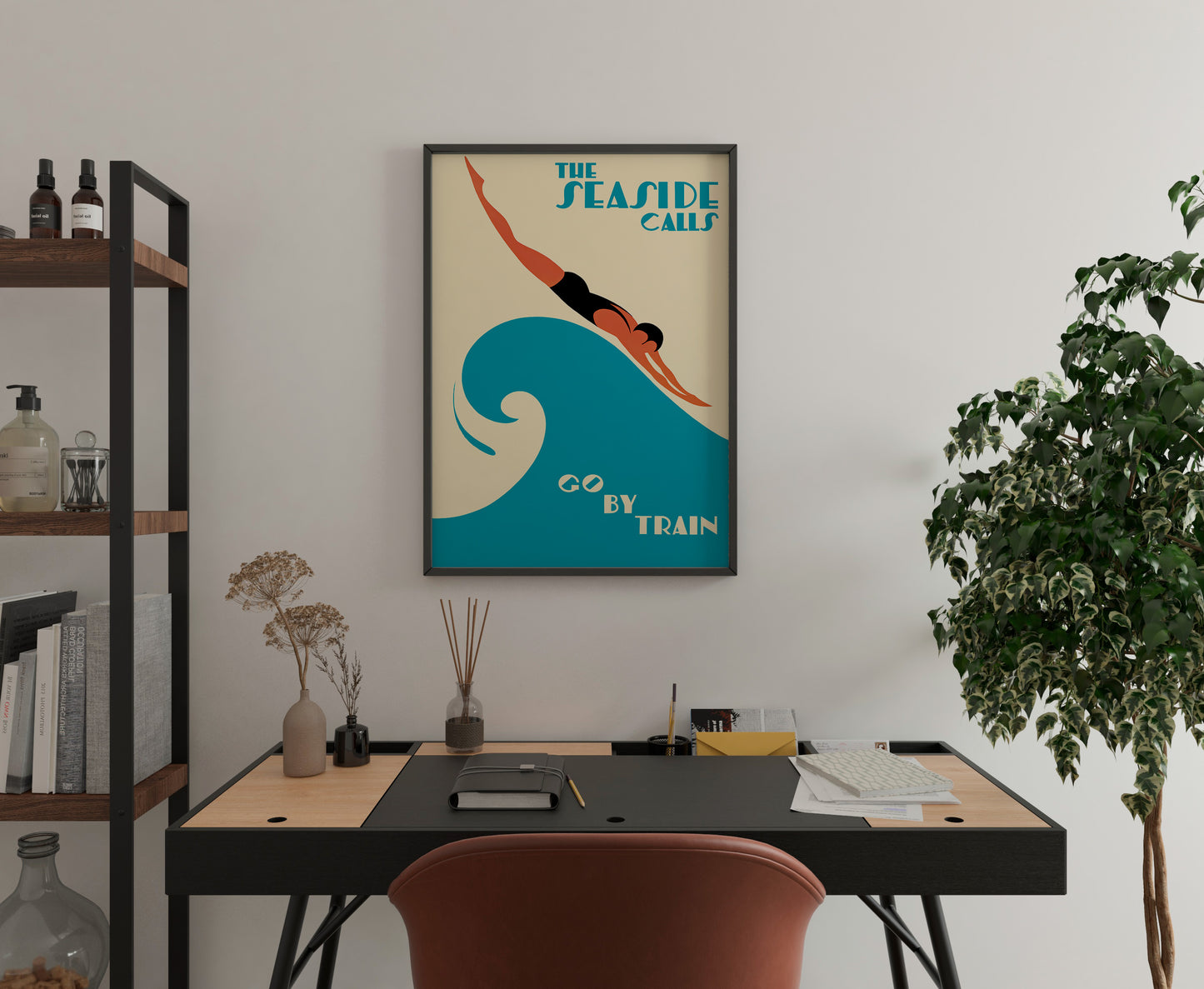 Vintage Seaside Travel Poster – Art Deco Train Advertising Wall Art Print