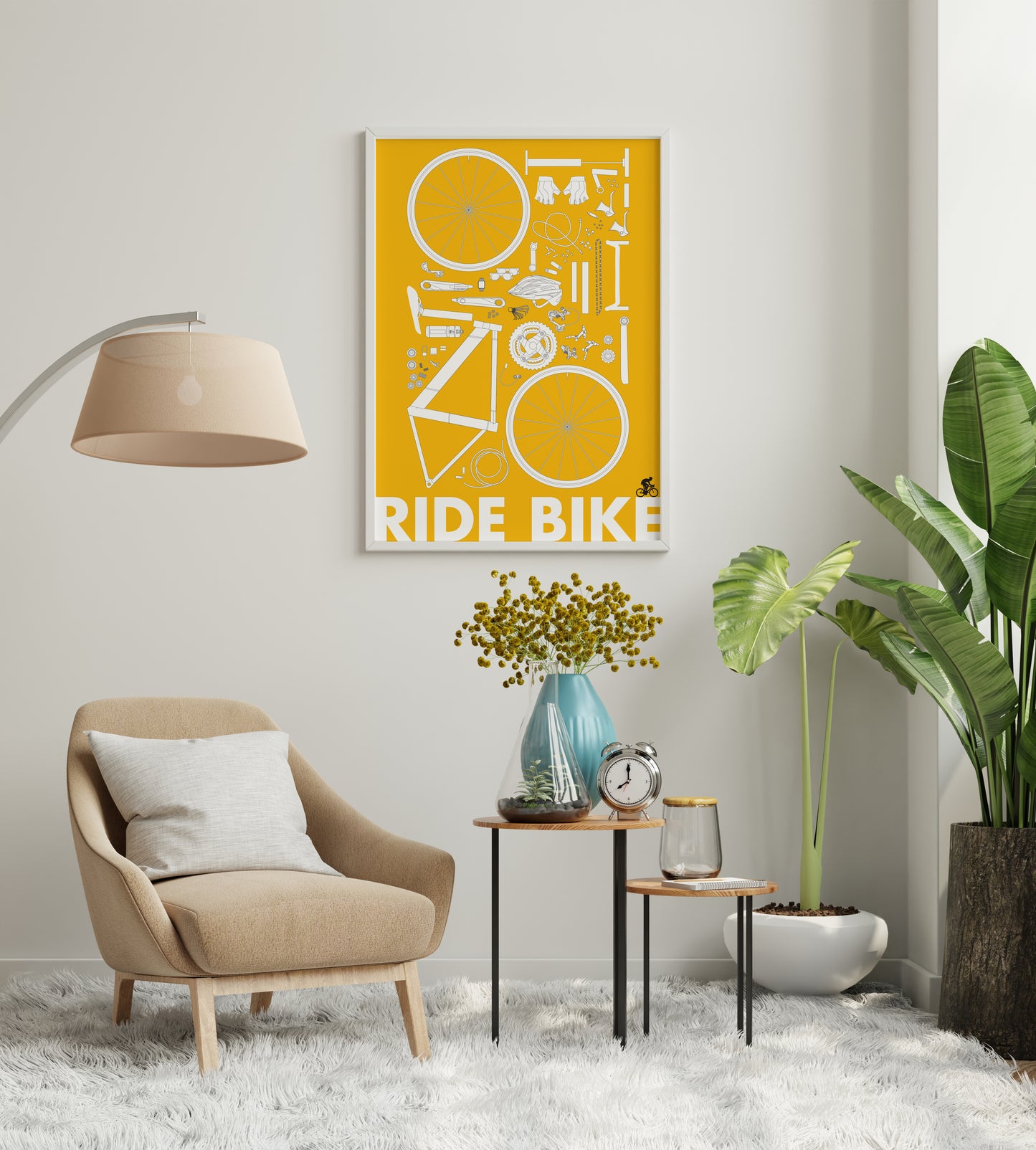Ride Bike Poster – Minimal Cycling Blueprint Wall Art Print in Yellow