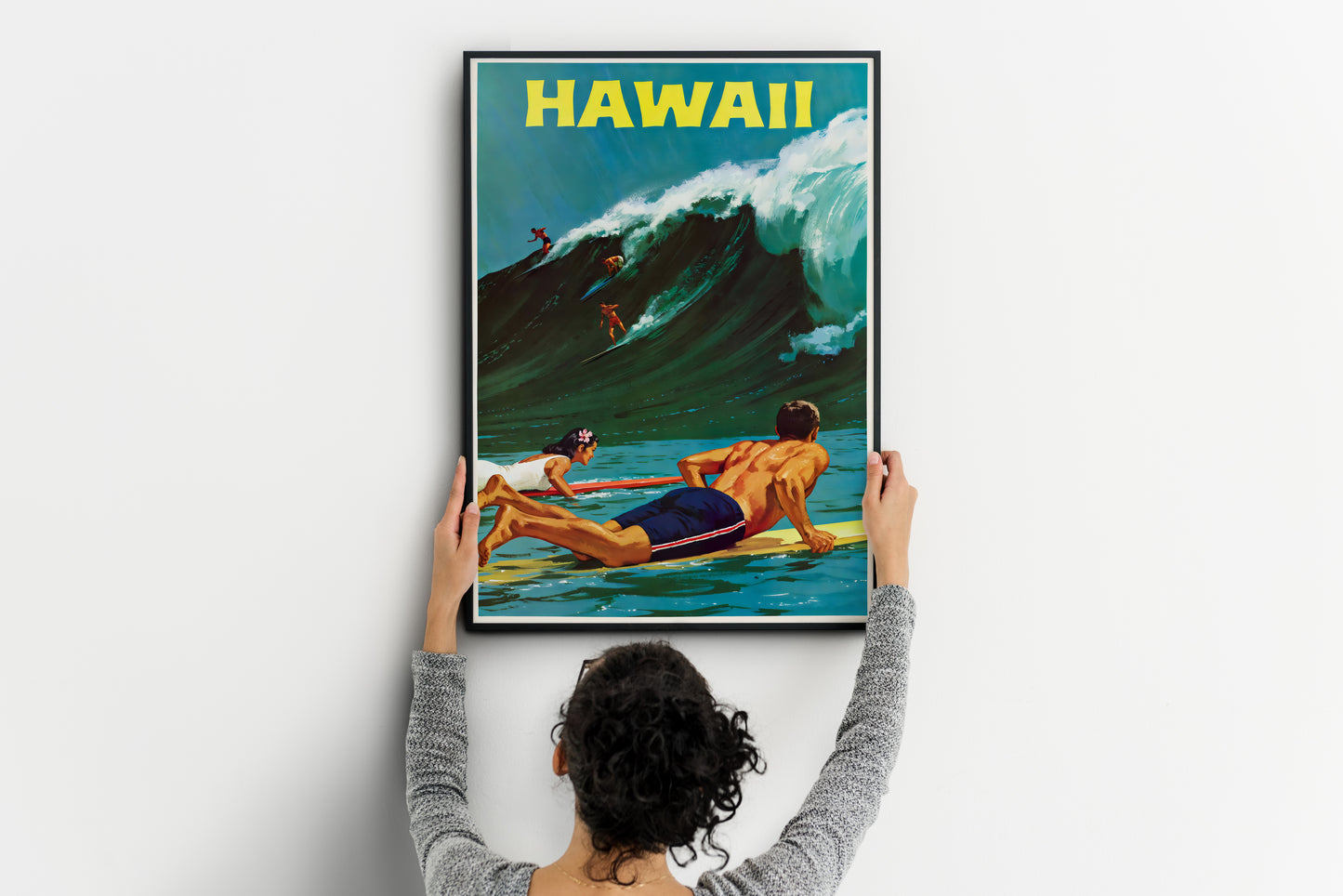 Hawaii Surf Poster | Vintage Big Wave Surfing Art | Living Room Decor