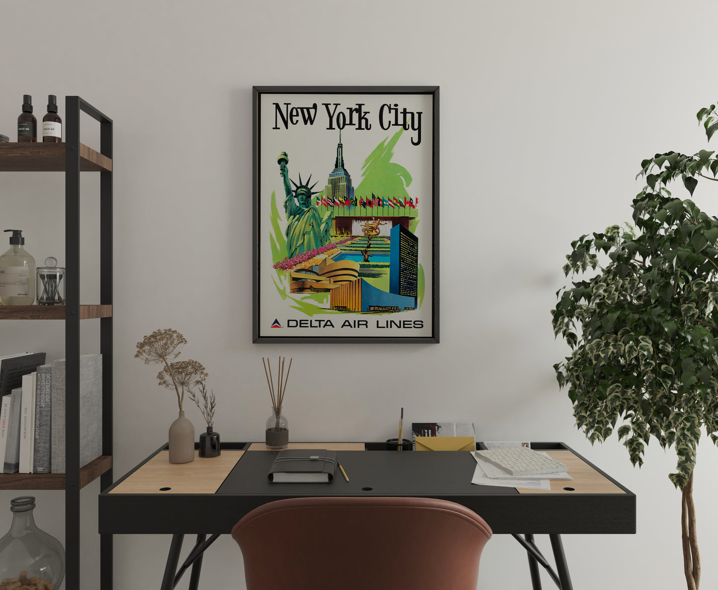 New York City Vintage Airline Travel Poster – Mid Century Aviation Wall Art Print
