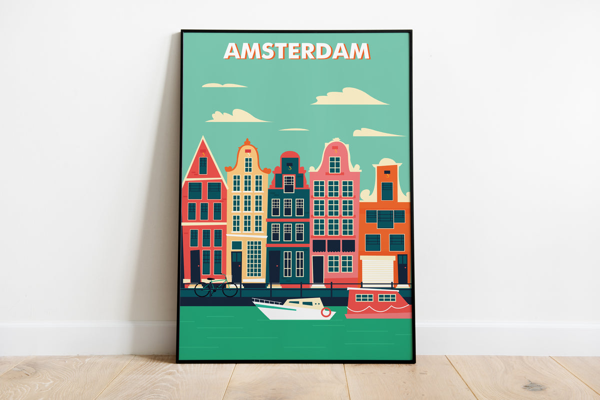 colorful Amsterdam canal houses travel poster