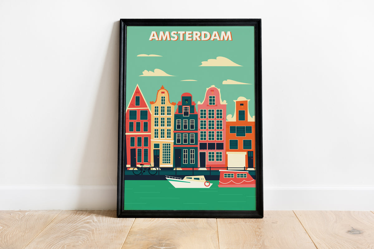 Amsterdam travel poster with colorful canal houses and boats