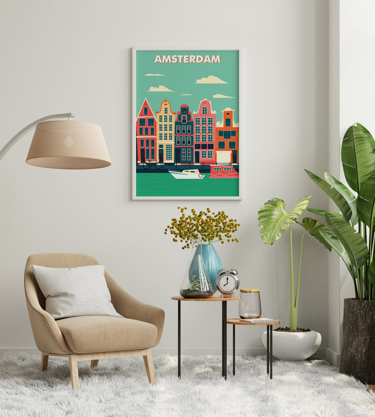 Amsterdam canal houses travel poster