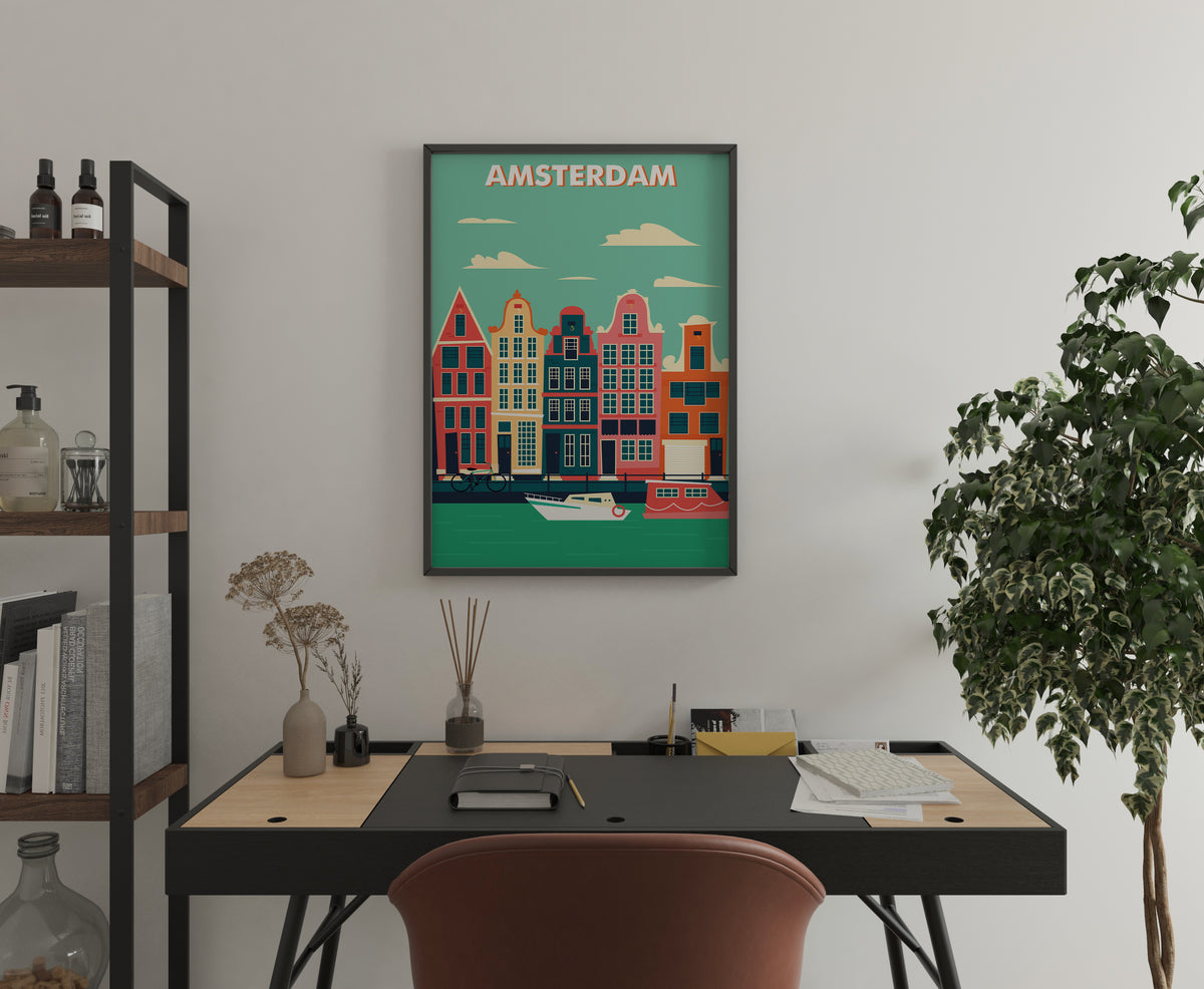 Amsterdam travel poster on wall above desk