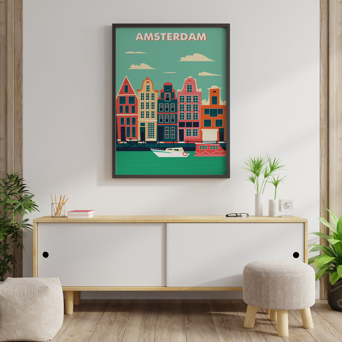Amsterdam travel poster displayed above wooden sideboard