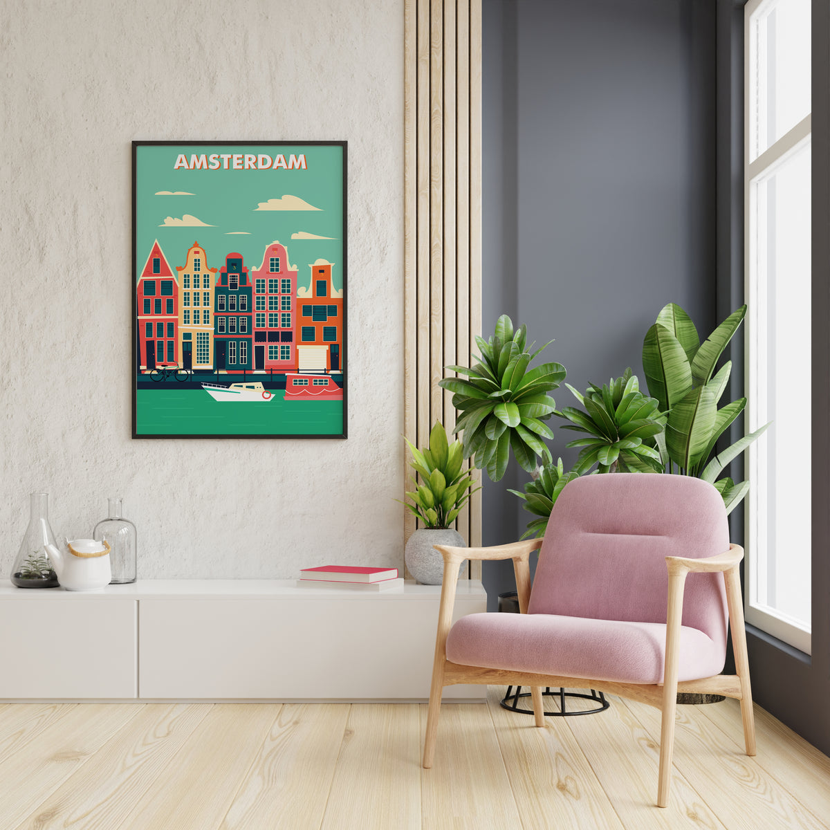 Amsterdam canal houses travel poster in a living room