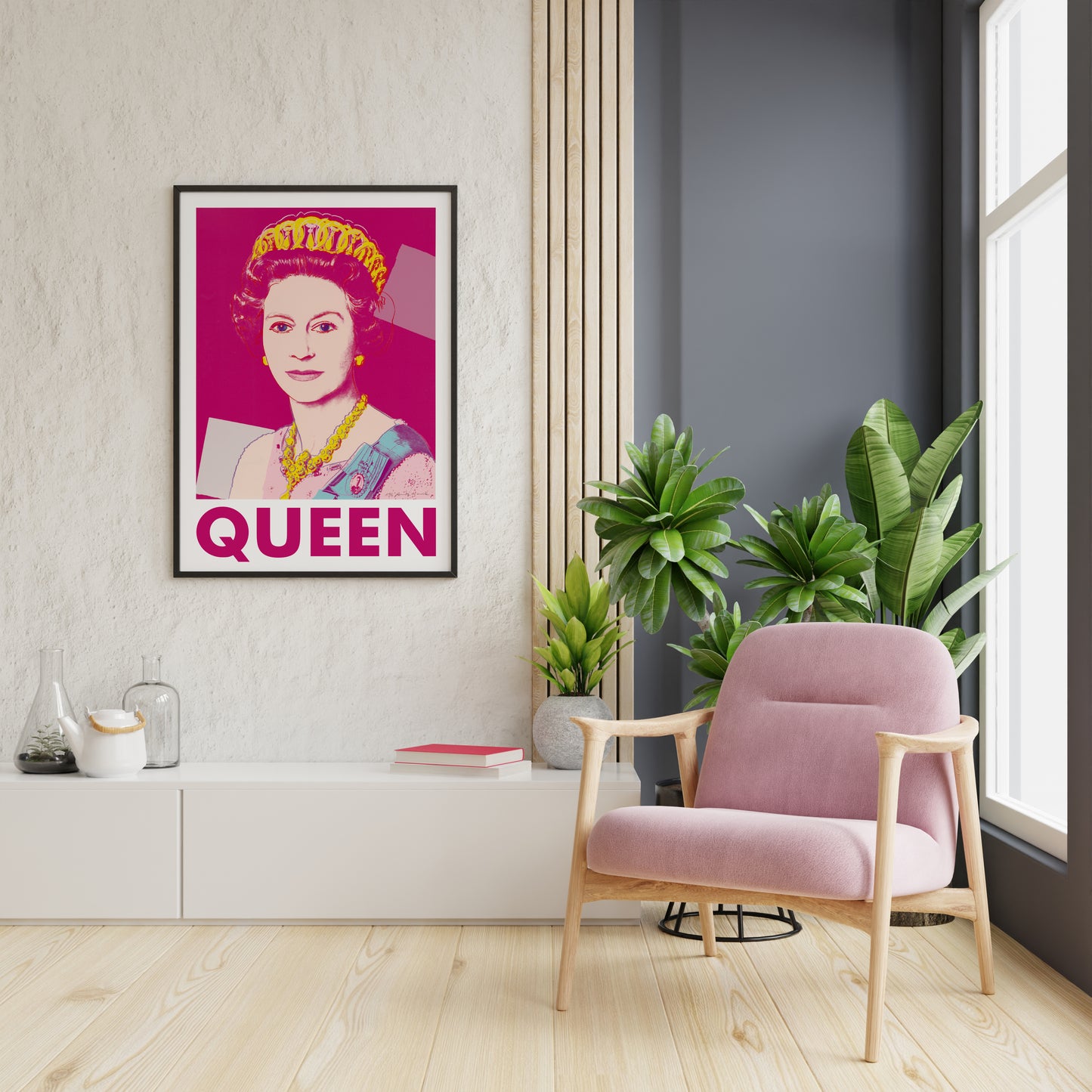 Andy Warhol Queen Elizabeth II print with vivid royal portrait and QUEEN text for living room wall art