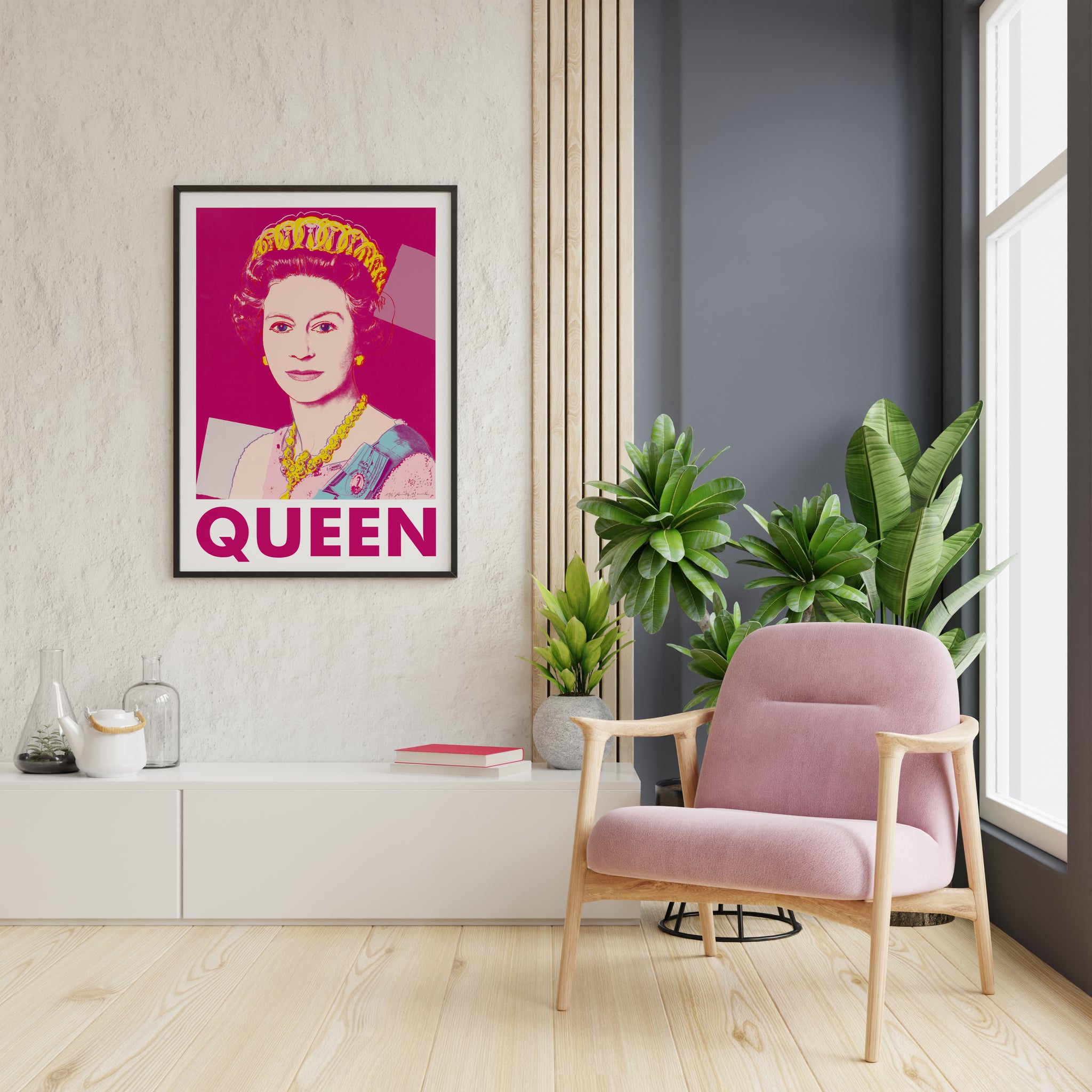 Andy Warhol Queen Elizabeth II print with vivid royal portrait and QUEEN text for living room wall art