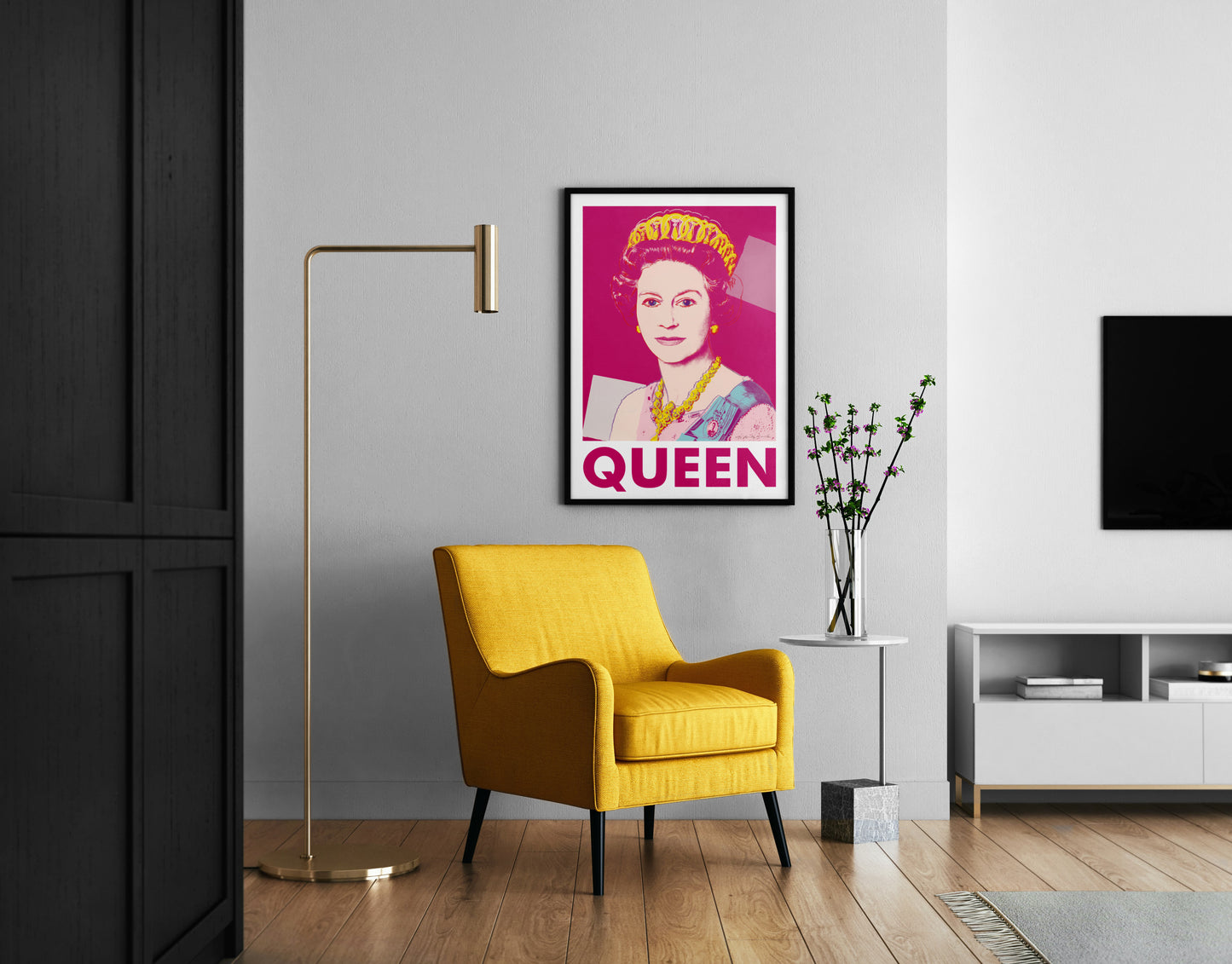 Andy Warhol Queen Elizabeth II poster with a bright pink royal portrait for living room pop art decor