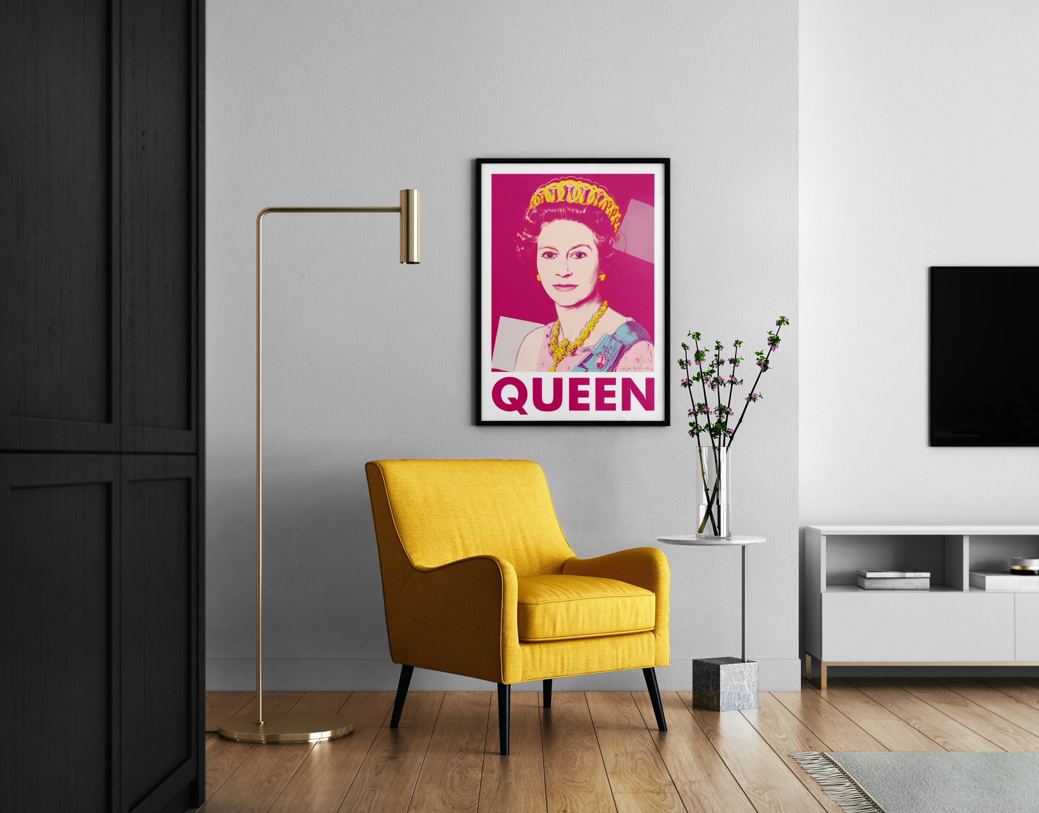 Andy Warhol Queen Elizabeth II poster with a bright pink royal portrait for living room pop art decor