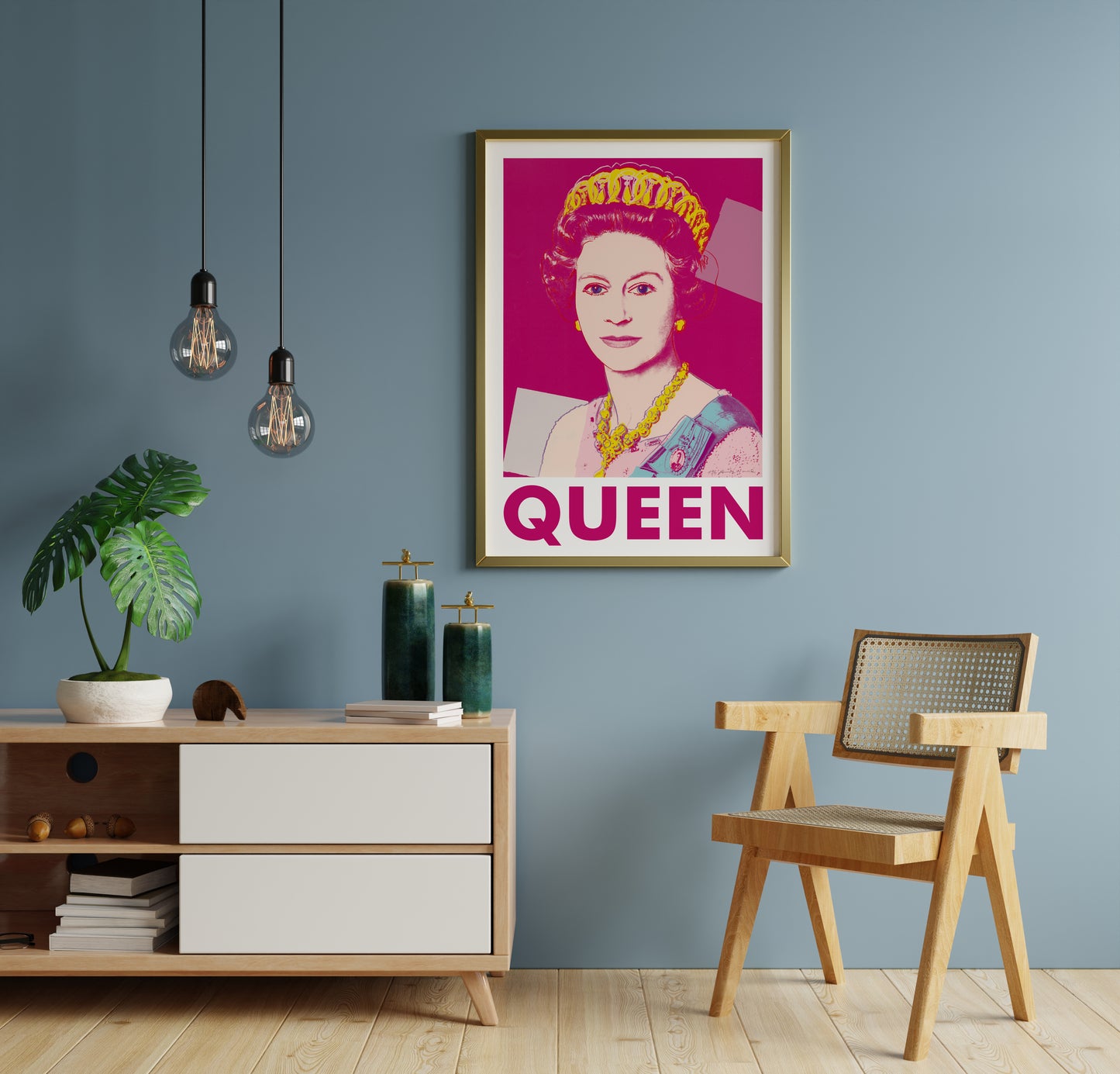 Andy Warhol Queen Elizabeth II poster with pink, yellow and turquoise pop art for living room wall decor