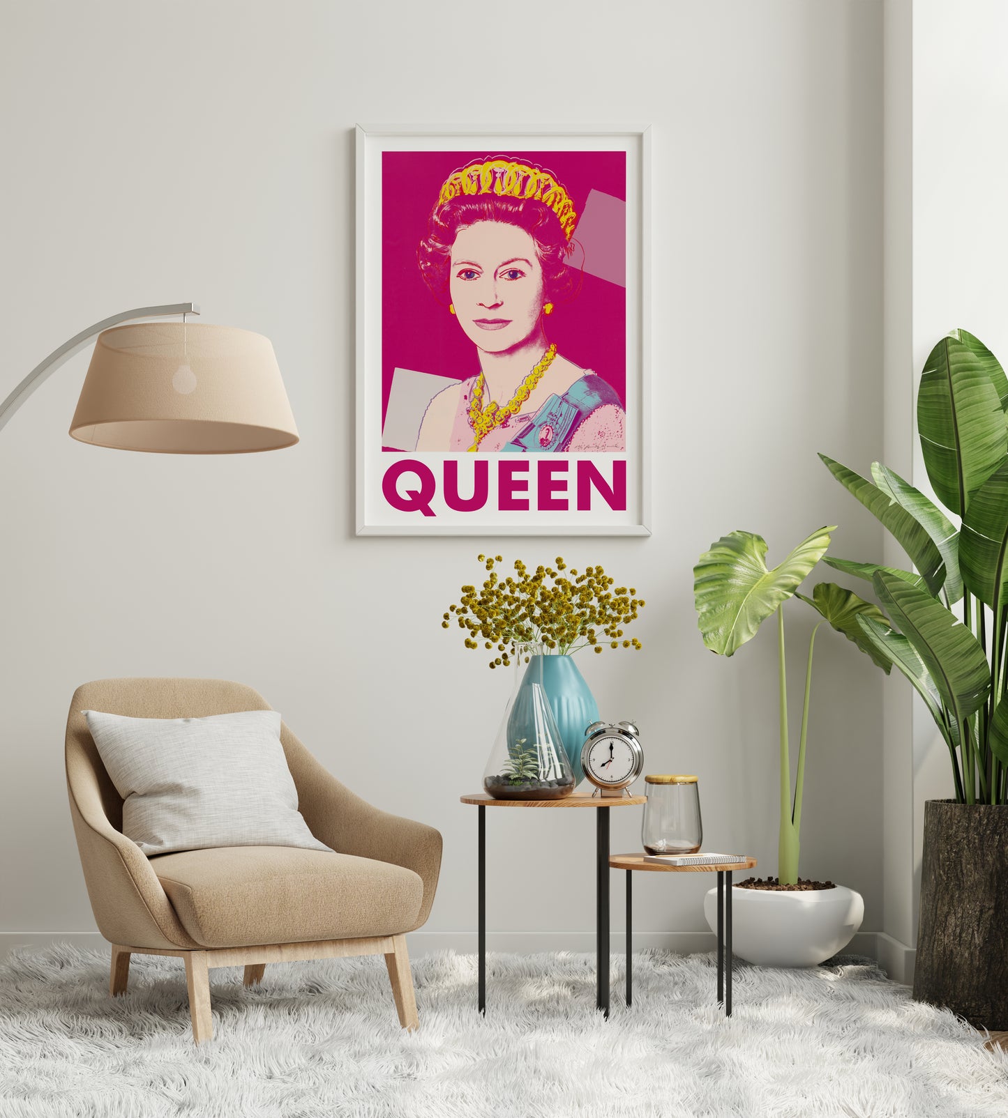 Andy Warhol Queen Elizabeth II poster with bright pink pop art portrait for statement living room wall art