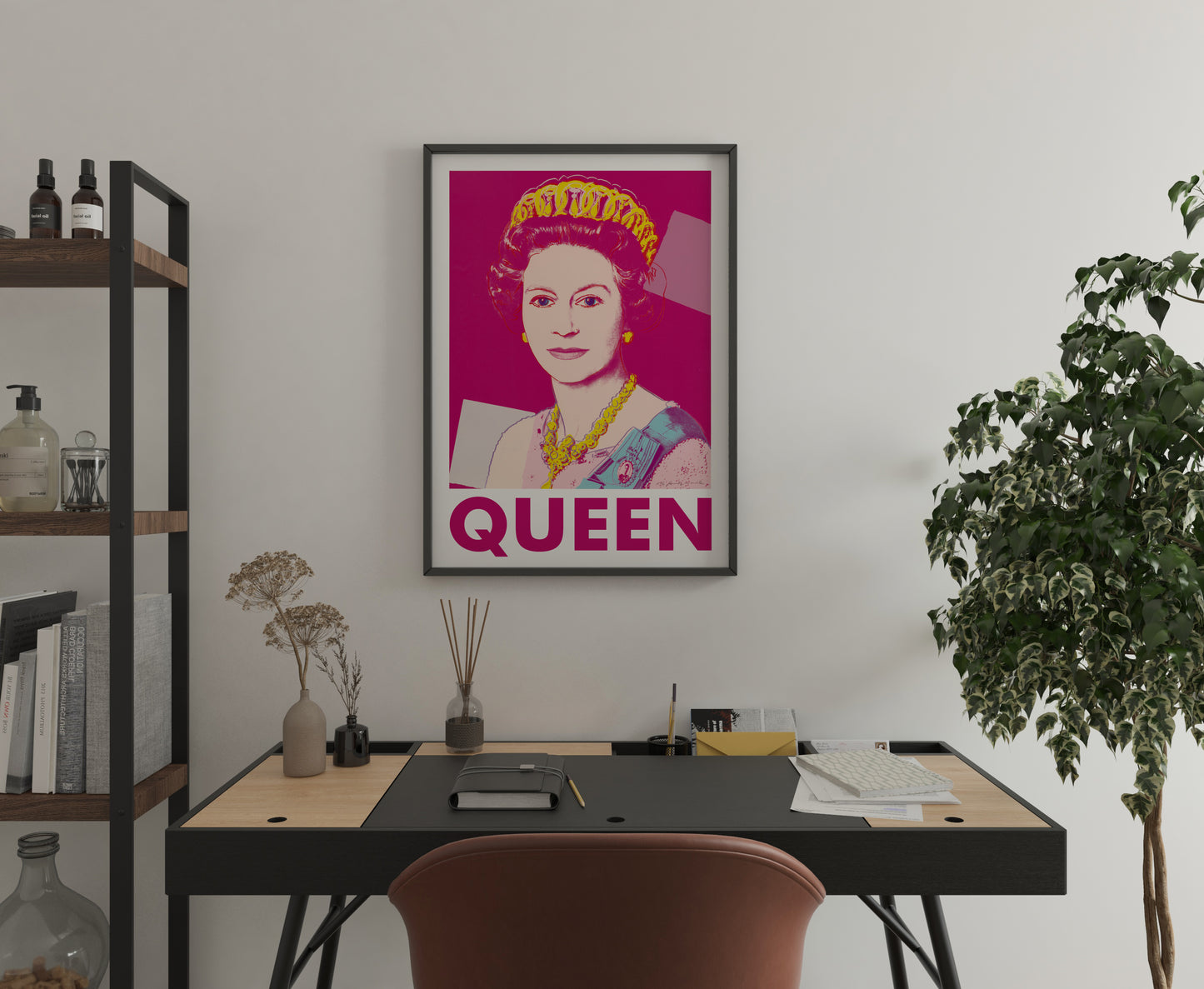 Andy Warhol Queen Elizabeth II poster with bold QUEEN typography and vivid portrait for home office wall art