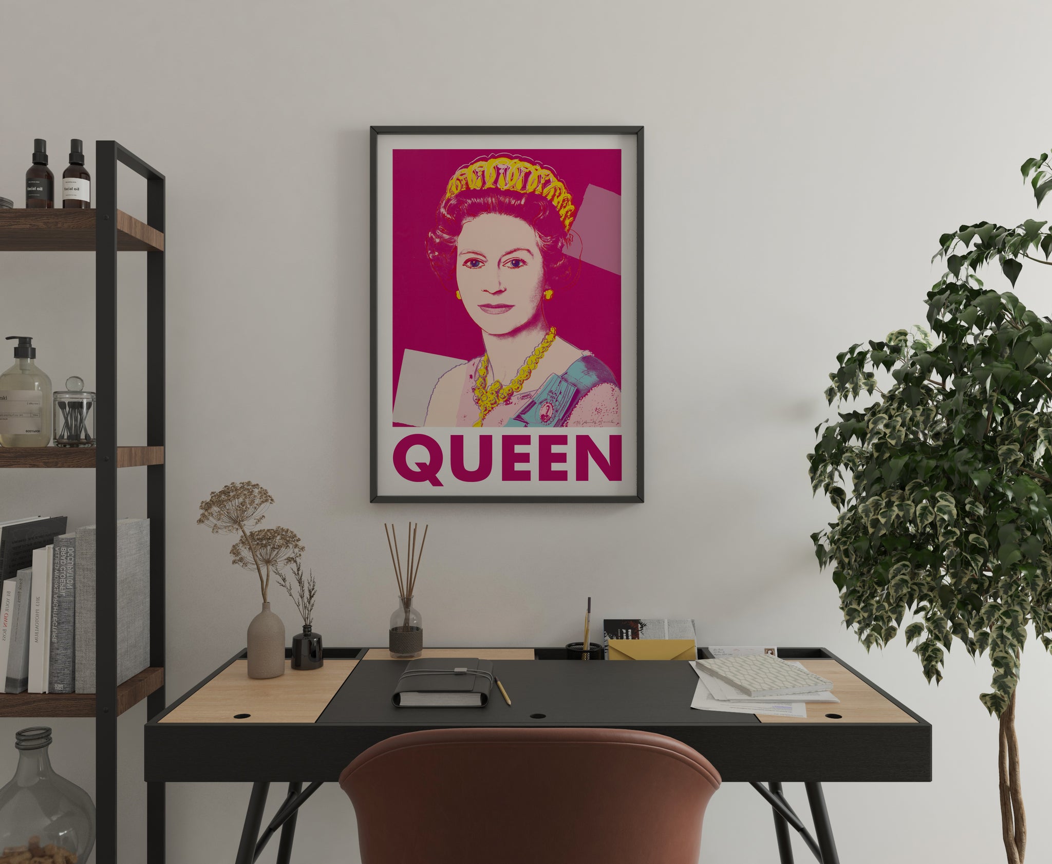Andy Warhol Queen Elizabeth II poster with bold QUEEN typography and vivid portrait for home office wall art