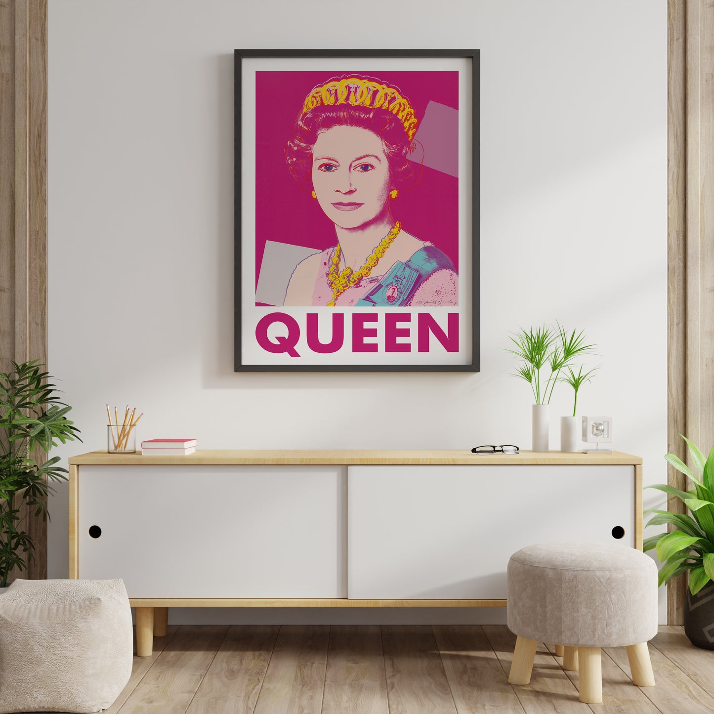 Andy Warhol Queen Elizabeth II poster with pink portrait, tiara and bold QUEEN text for living room wall art