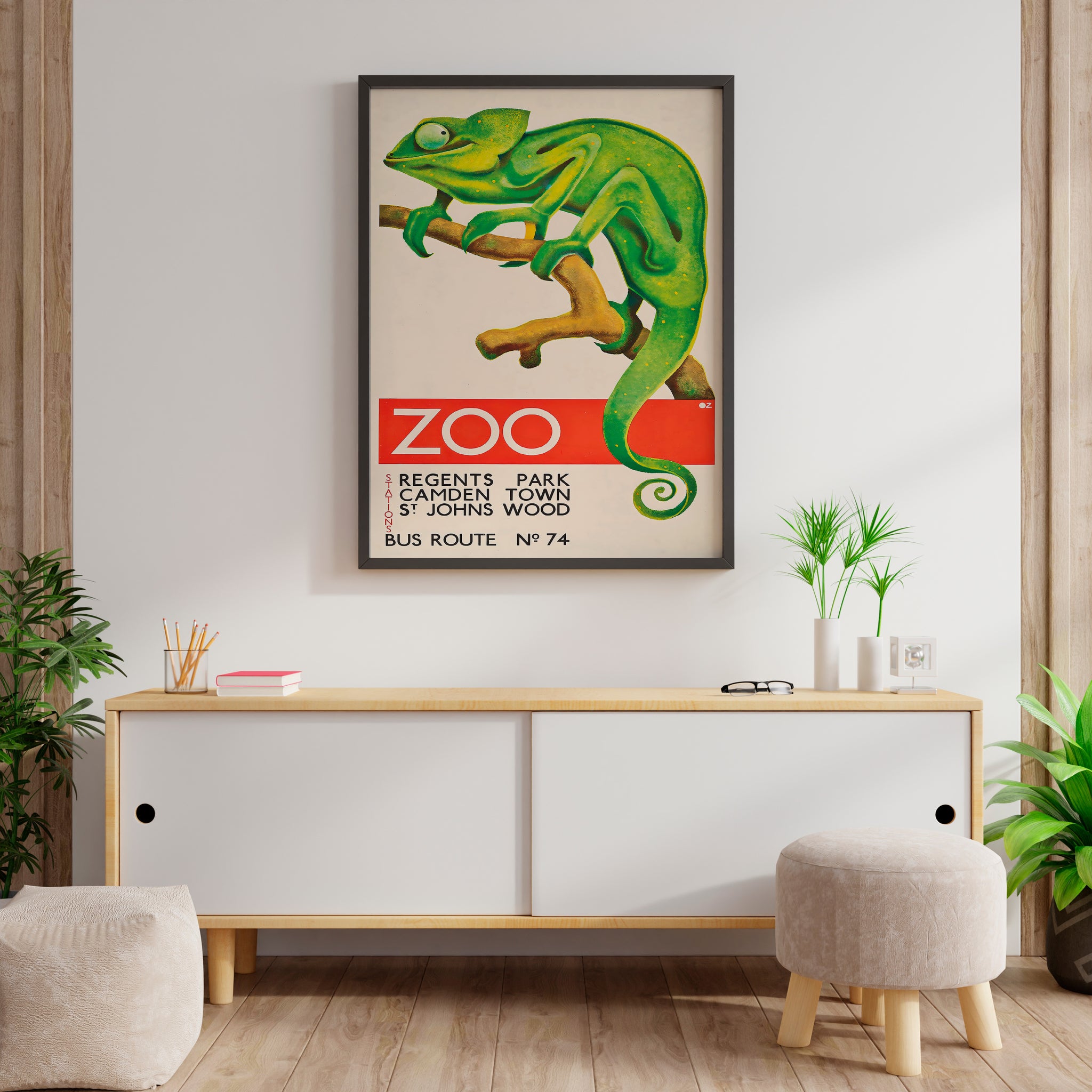 Animal wall art above sideboard with bold chameleon poster design