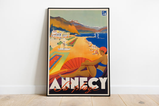Annecy travel poster with a seated bather, blue lake, golden beach and mountain backdrop