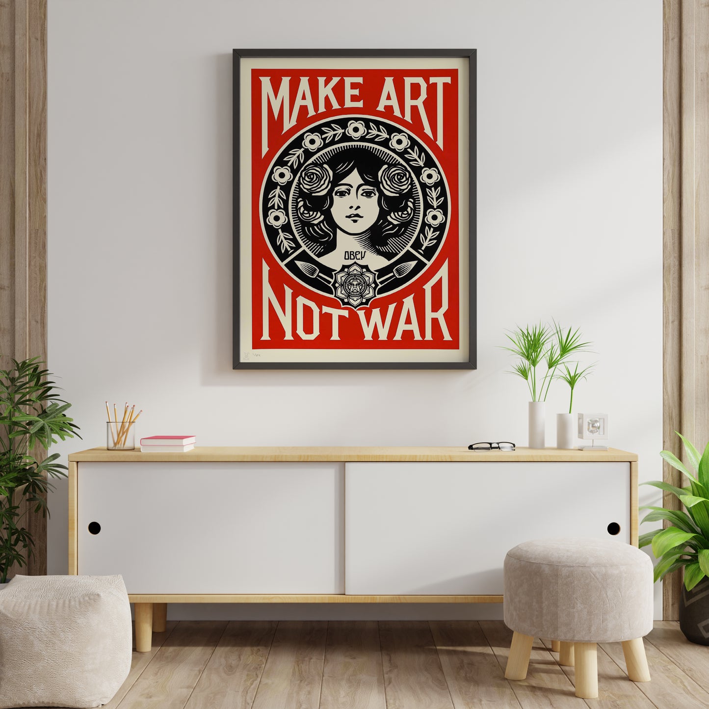 Anti-war art poster with a woman, roses and Make Art Not War lettering displayed in a modern interior.