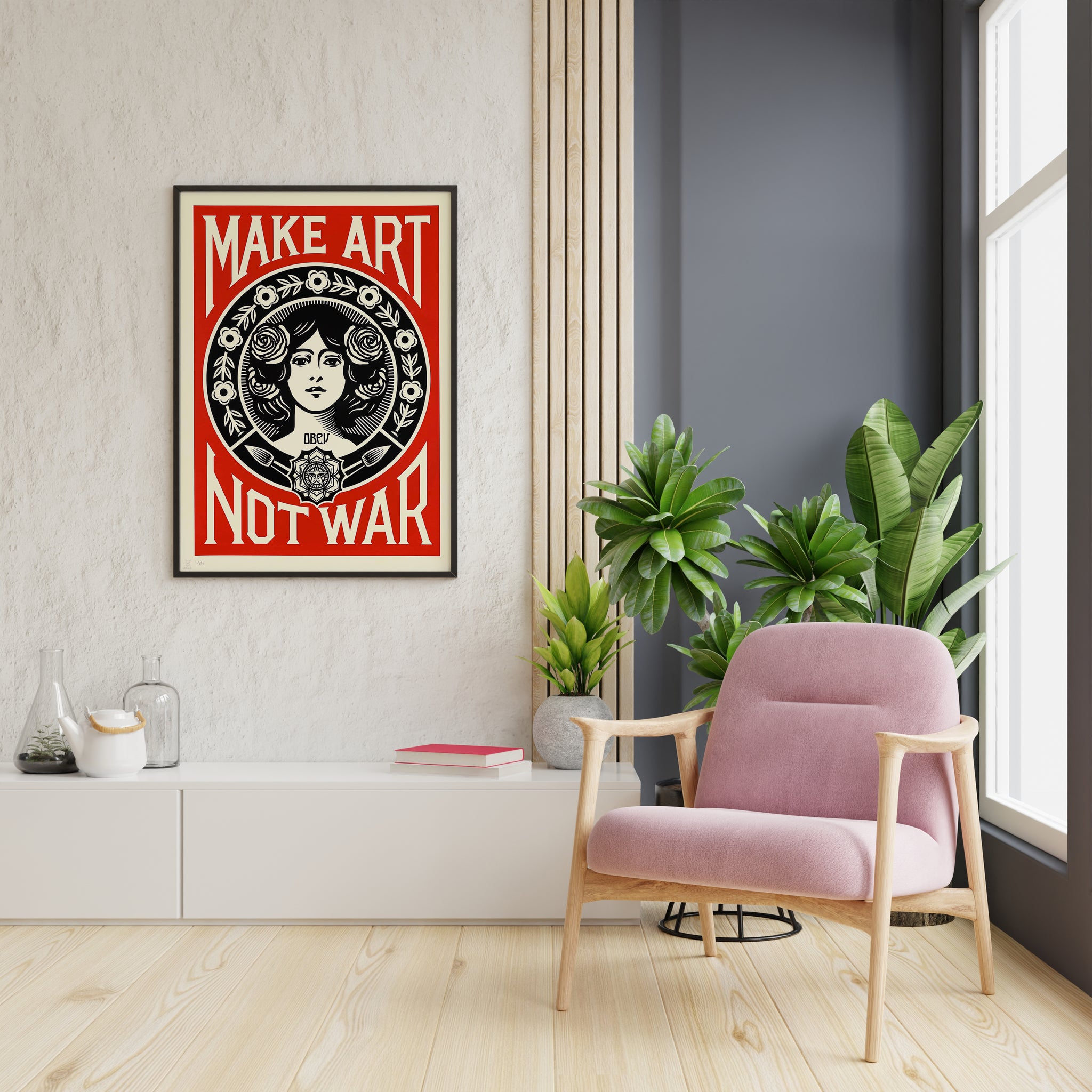 Anti-war graphic print with a rose-framed woman portrait displayed in a bright reading nook.