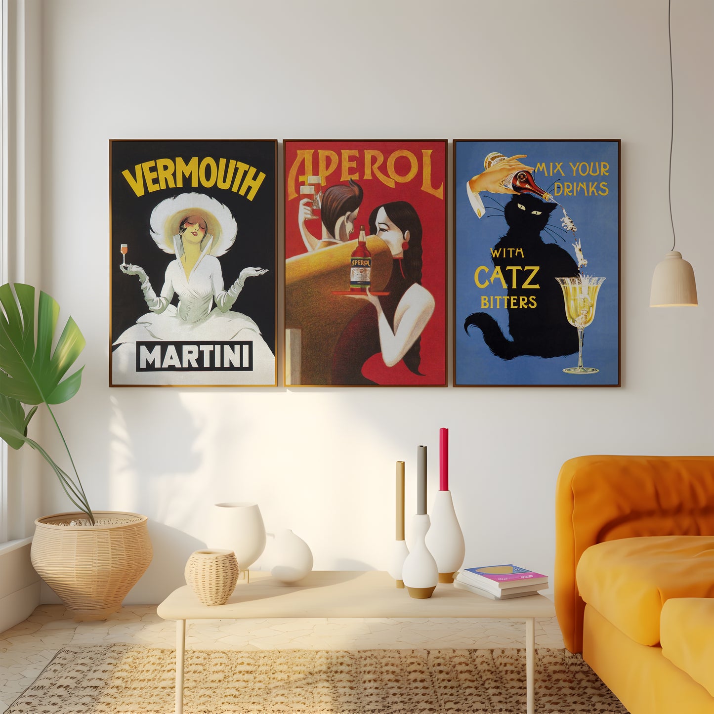Aperol and Martini poster set with retro cocktail advertising artwork for living room wall art