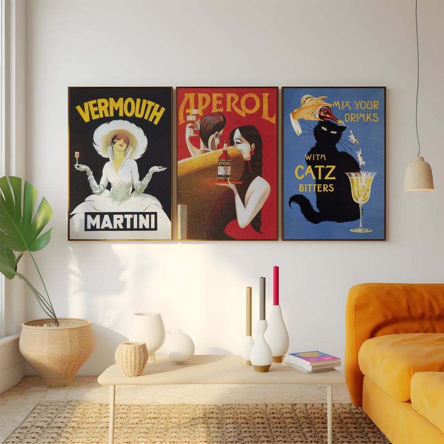Aperol and Martini poster set with retro cocktail advertising artwork for living room wall art