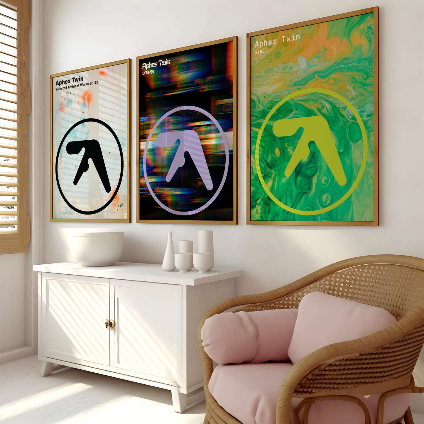 Aphex Twin electronic music poster set with abstract album cover visuals for living room wall art