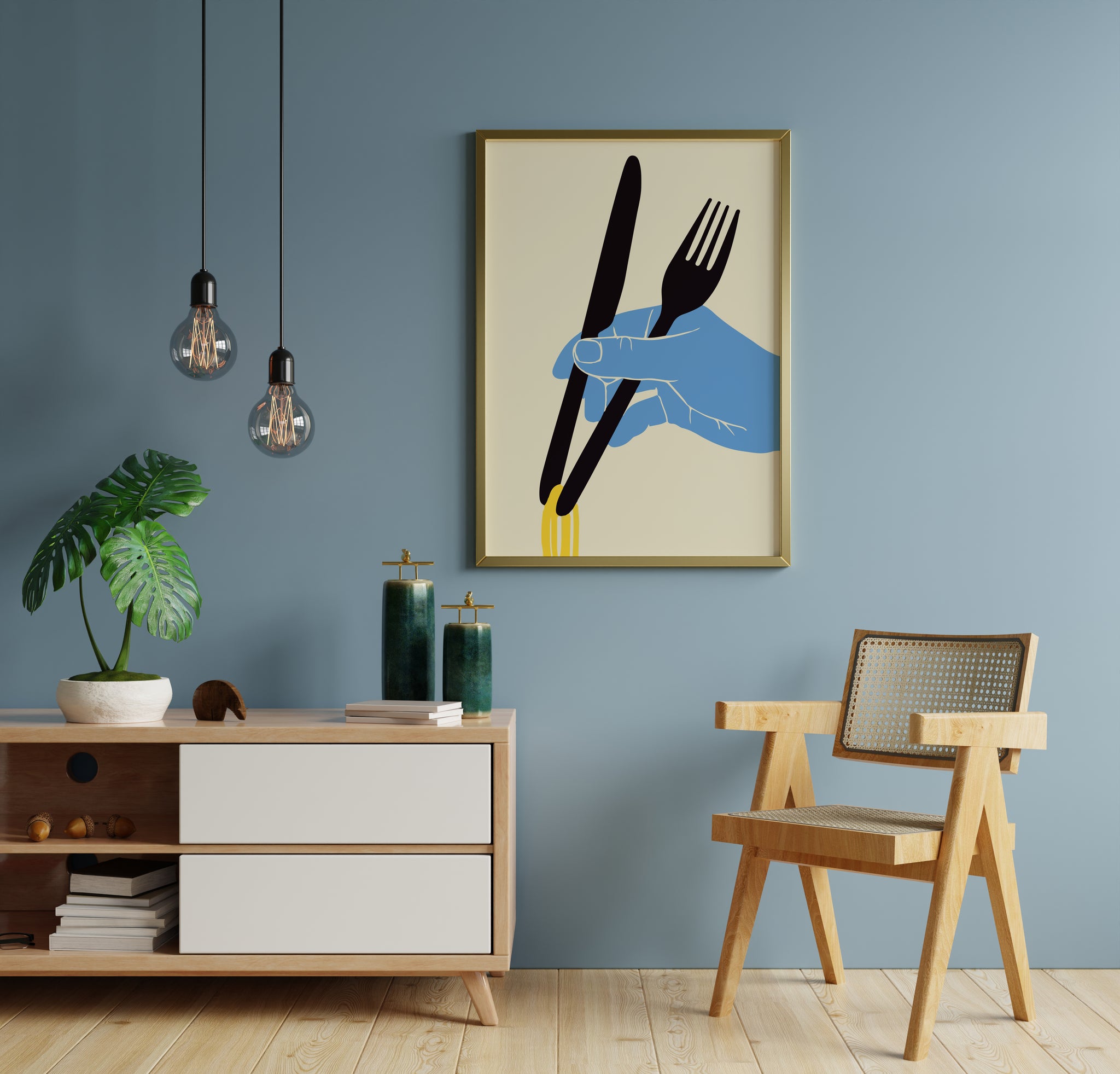 Asian noodles poster with black cutlery, blue hand and yellow strands displayed on a blue wall.