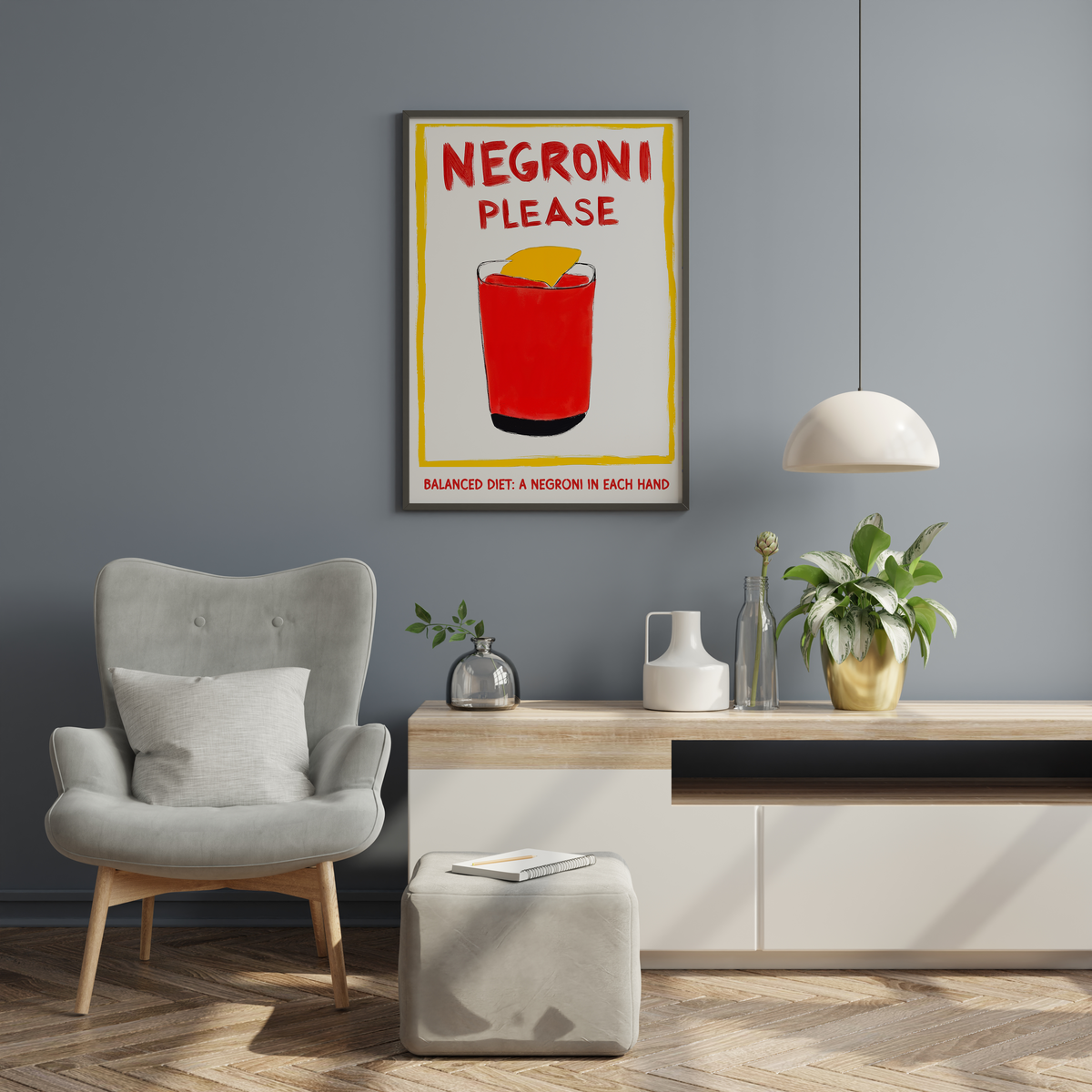 Negroni quote poster with red cocktail illustration and humorous balanced diet text