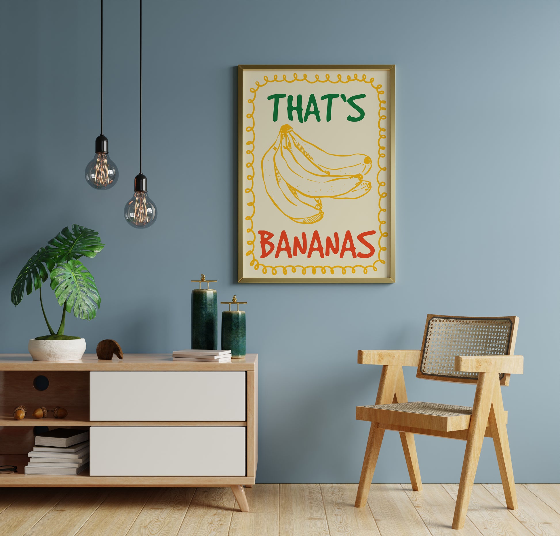 Retro banana art print with hand illustrated yellow bananas, bold green “THAT’S” and red “BANANAS” typography and looping yellow border on a warm cream backdrop.