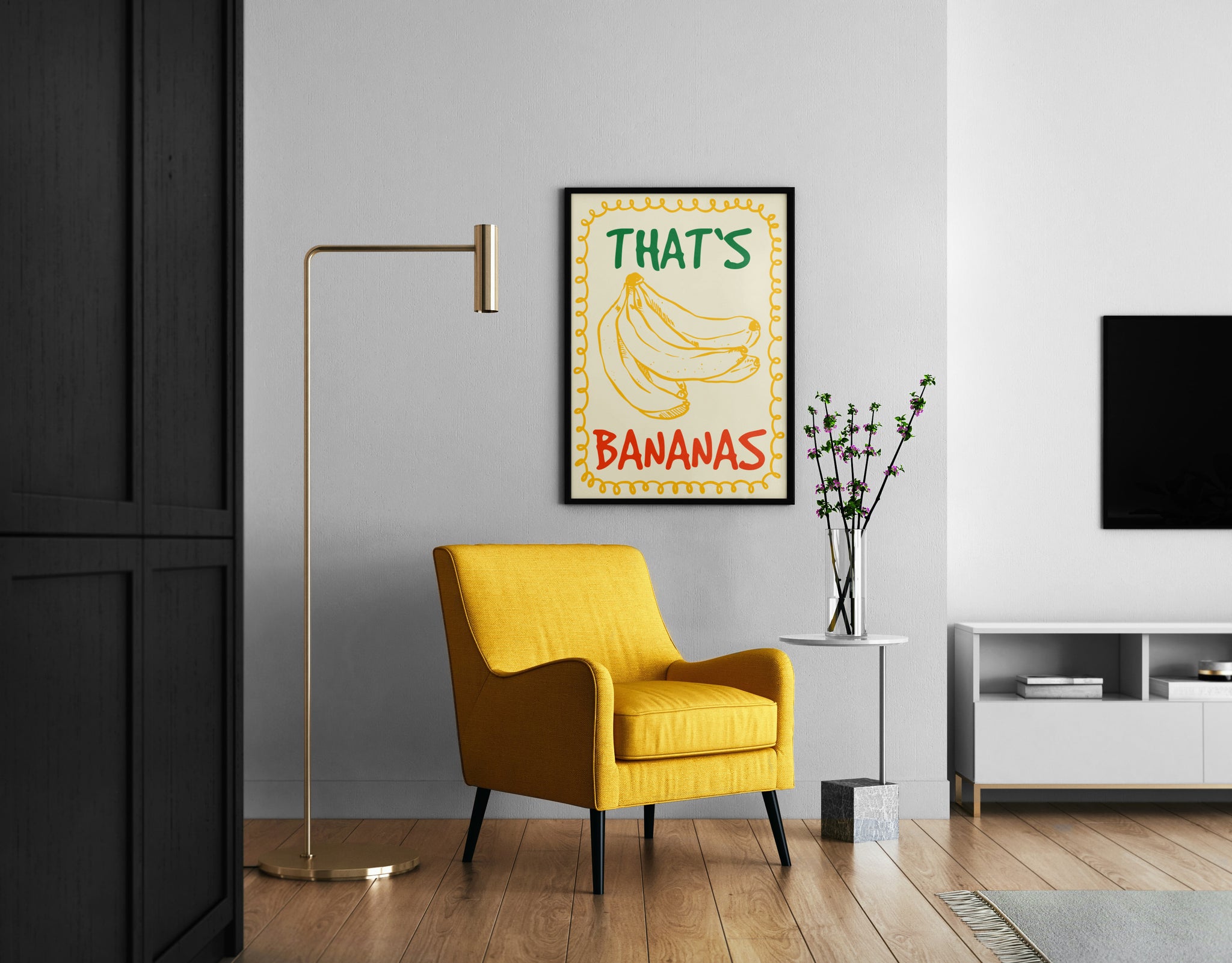 Retro food illustration poster showcasing hand drawn yellow bananas with bold green “THAT’S” and red “BANANAS” typography and ornamental yellow border on a soft cream background.