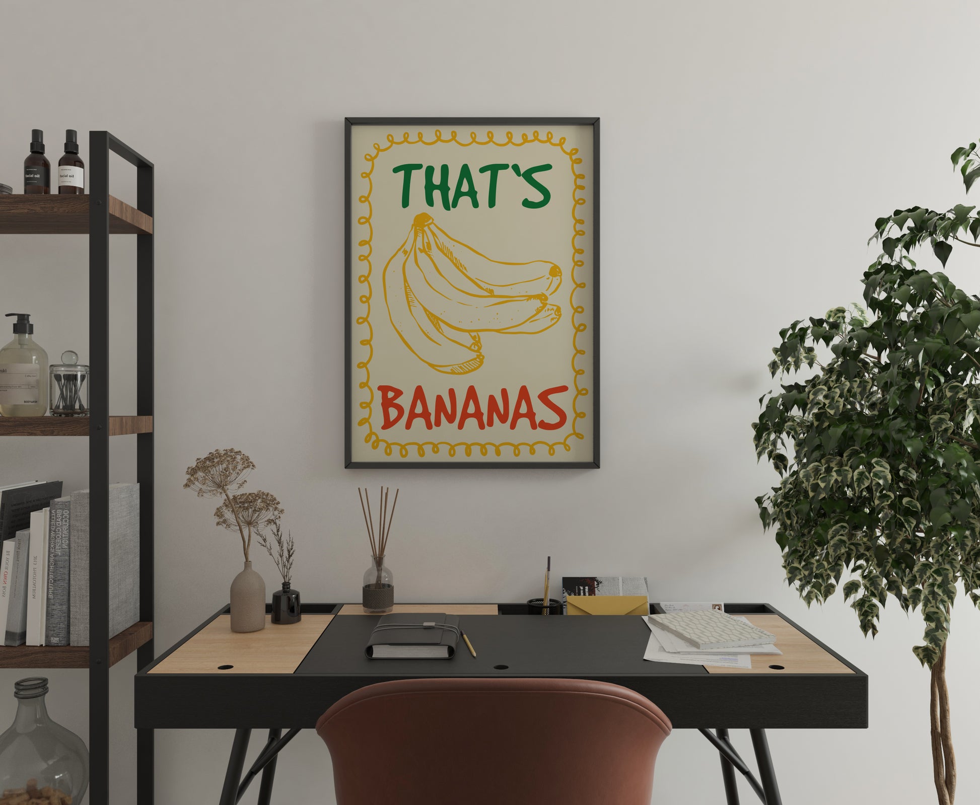 Retro kitchen wall art poster with hand drawn yellow bananas, bold green and red “THAT’S BANANAS” typography and ornamental yellow border on cream.