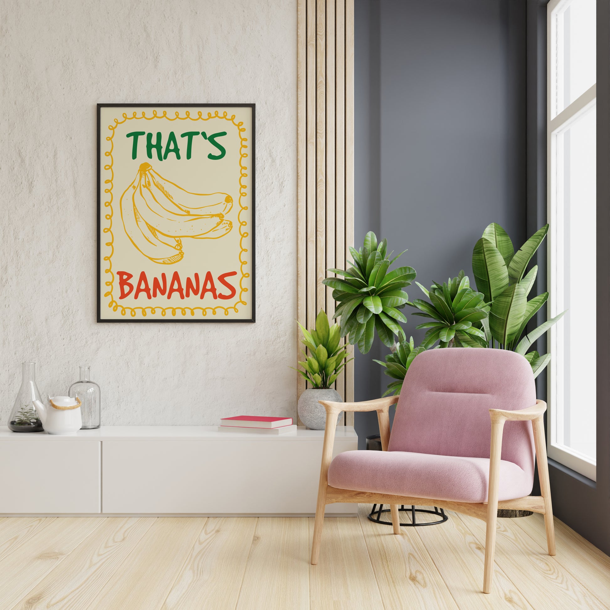 Vintage style banana poster featuring golden yellow banana sketch, green and red hand painted “THAT’S BANANAS” lettering and curly yellow border on cream.