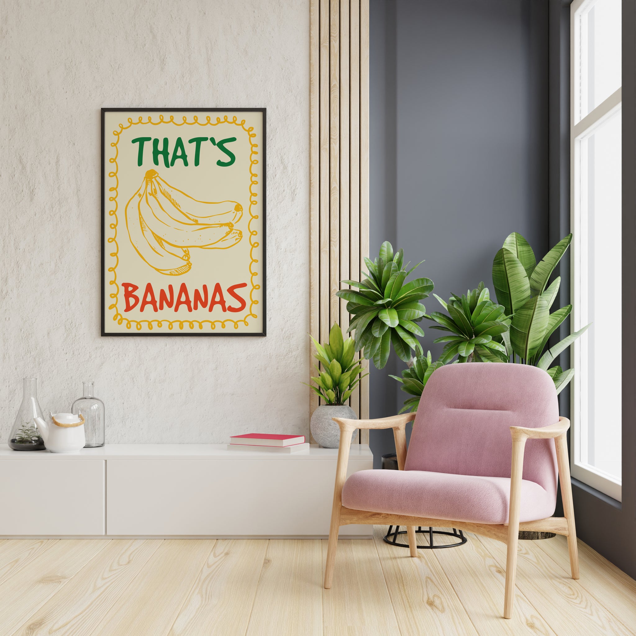 Vintage style banana poster featuring golden yellow banana sketch, green and red hand painted “THAT’S BANANAS” lettering and curly yellow border on cream.