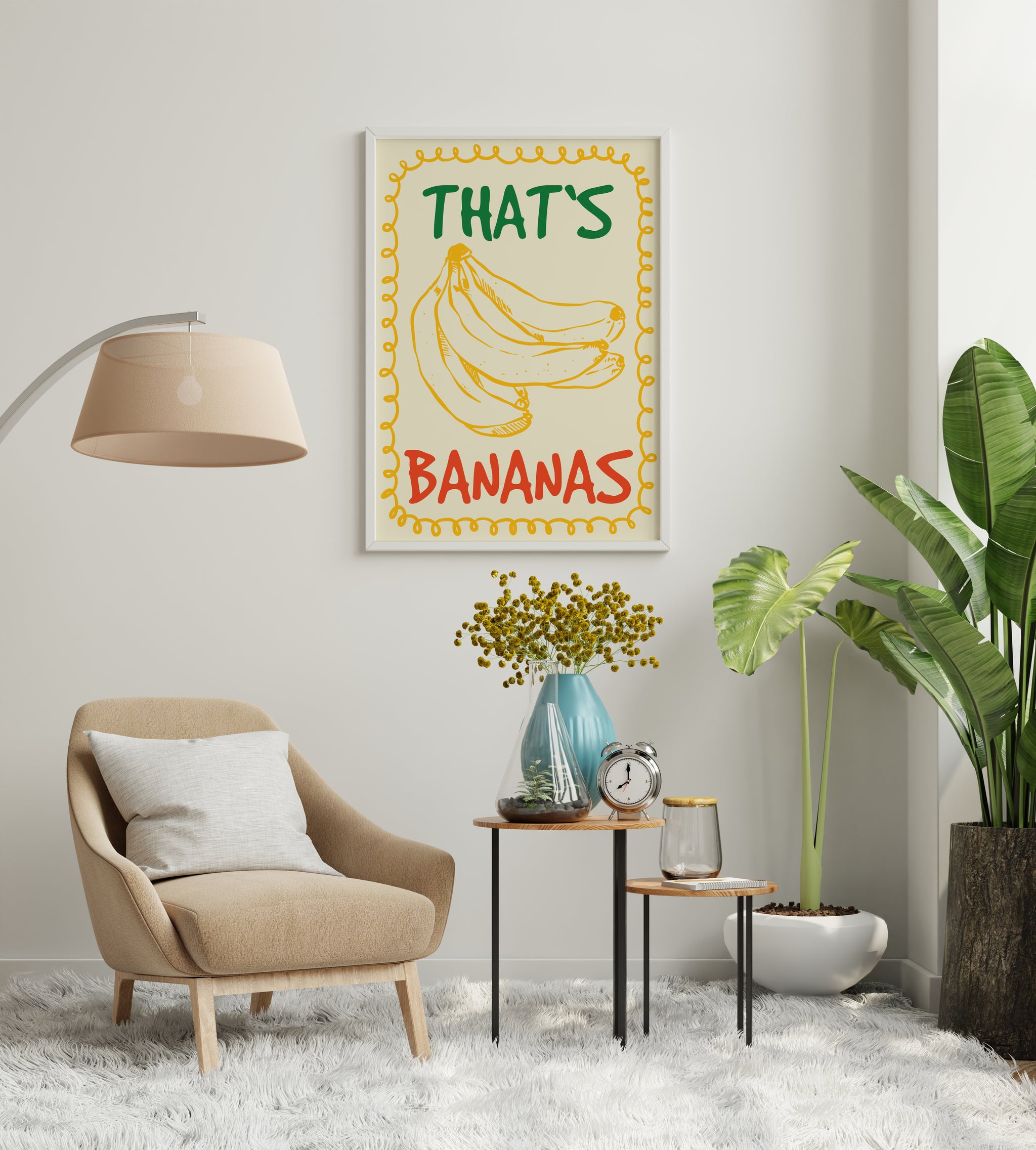 Playful banana typography art print in retro illustration style with mustard yellow bananas, green “THAT’S” and red “BANANAS” text and decorative yellow border on cream background.