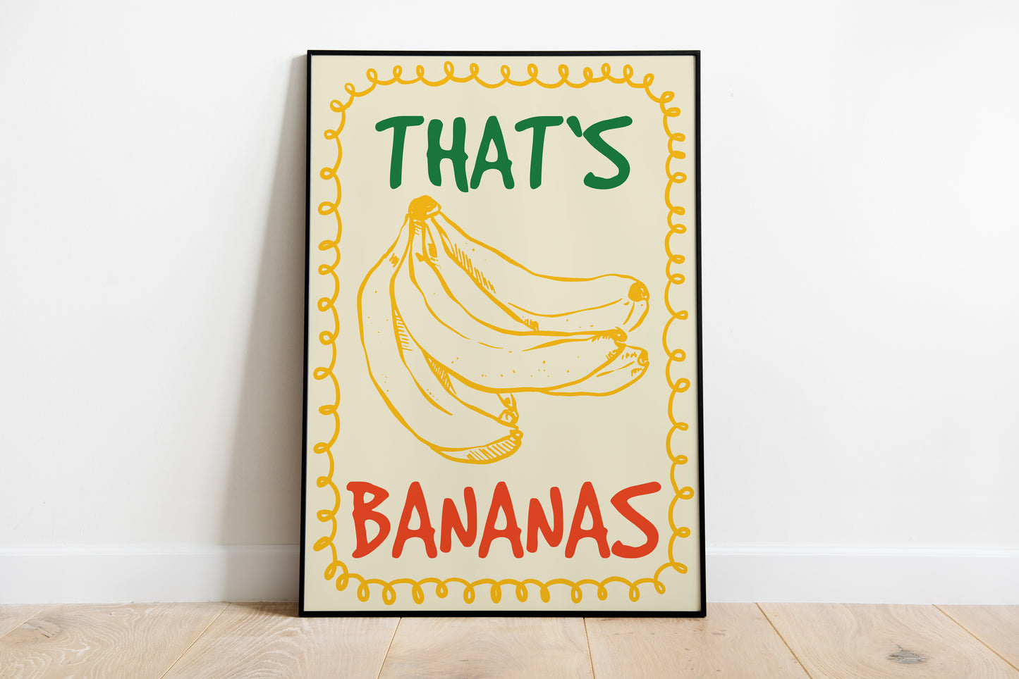 Hand drawn banana illustration poster in retro graphic style featuring mustard yellow bananas, green and red bold “THAT’S BANANAS” typography and decorative yellow border on a cream background.
