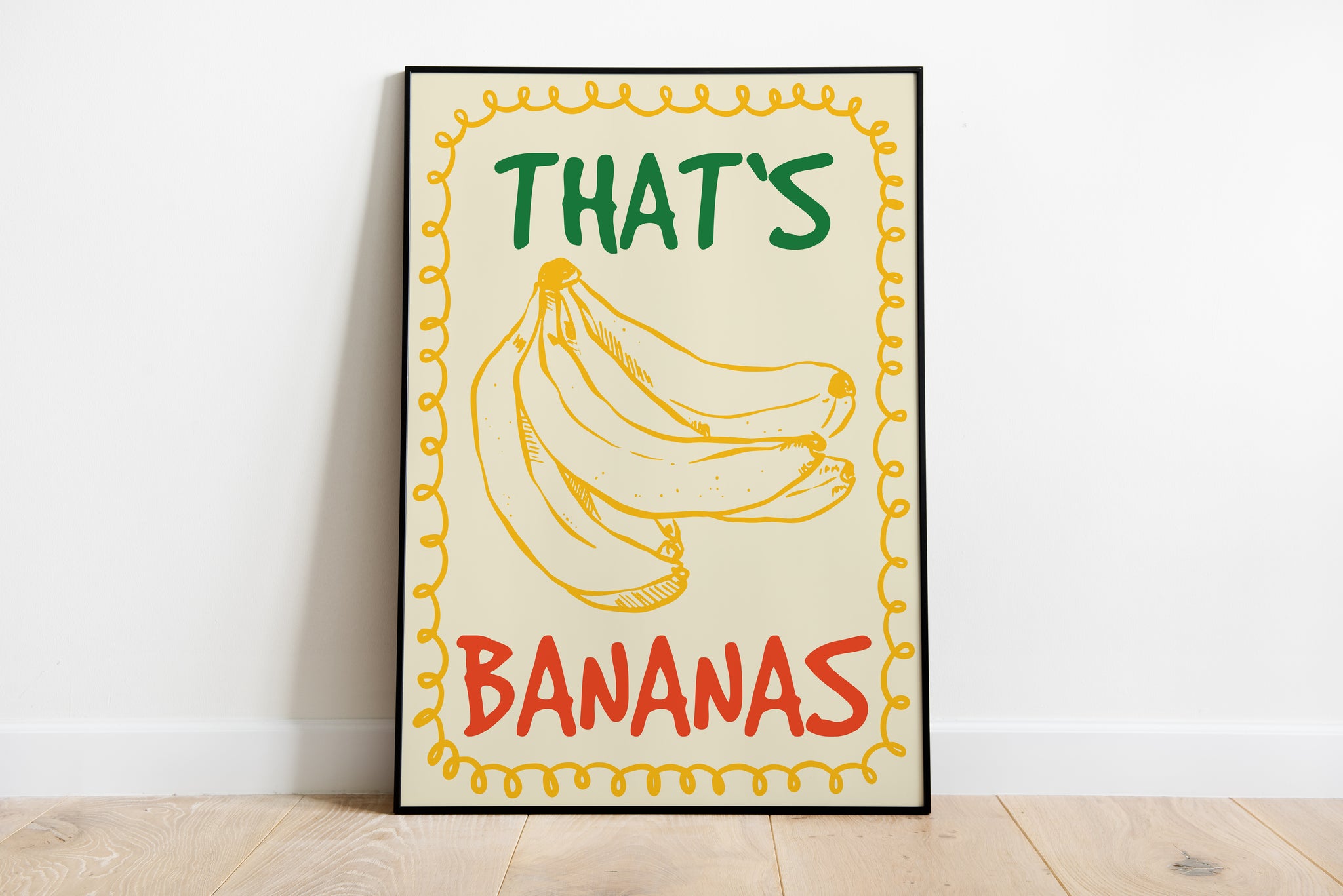 Hand drawn banana illustration poster in retro graphic style featuring mustard yellow bananas, green and red bold “THAT’S BANANAS” typography and decorative yellow border on a cream background.