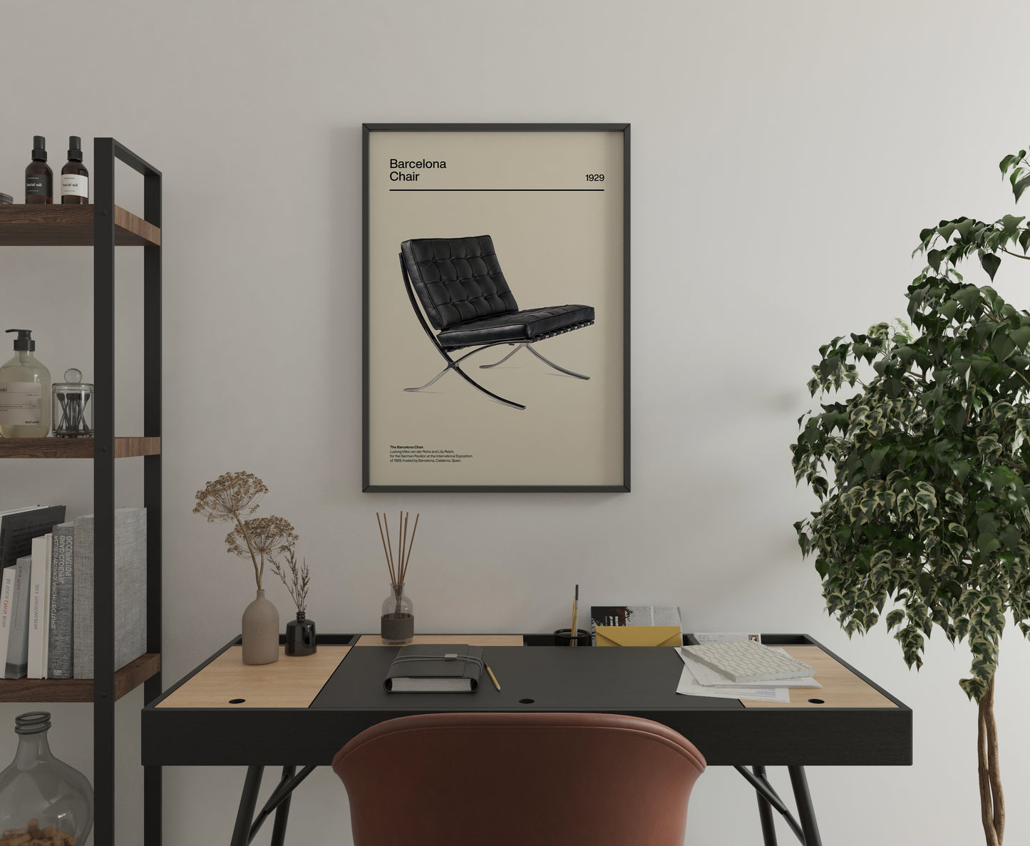 Barcelona chair poster with architectural design and clean typography layout