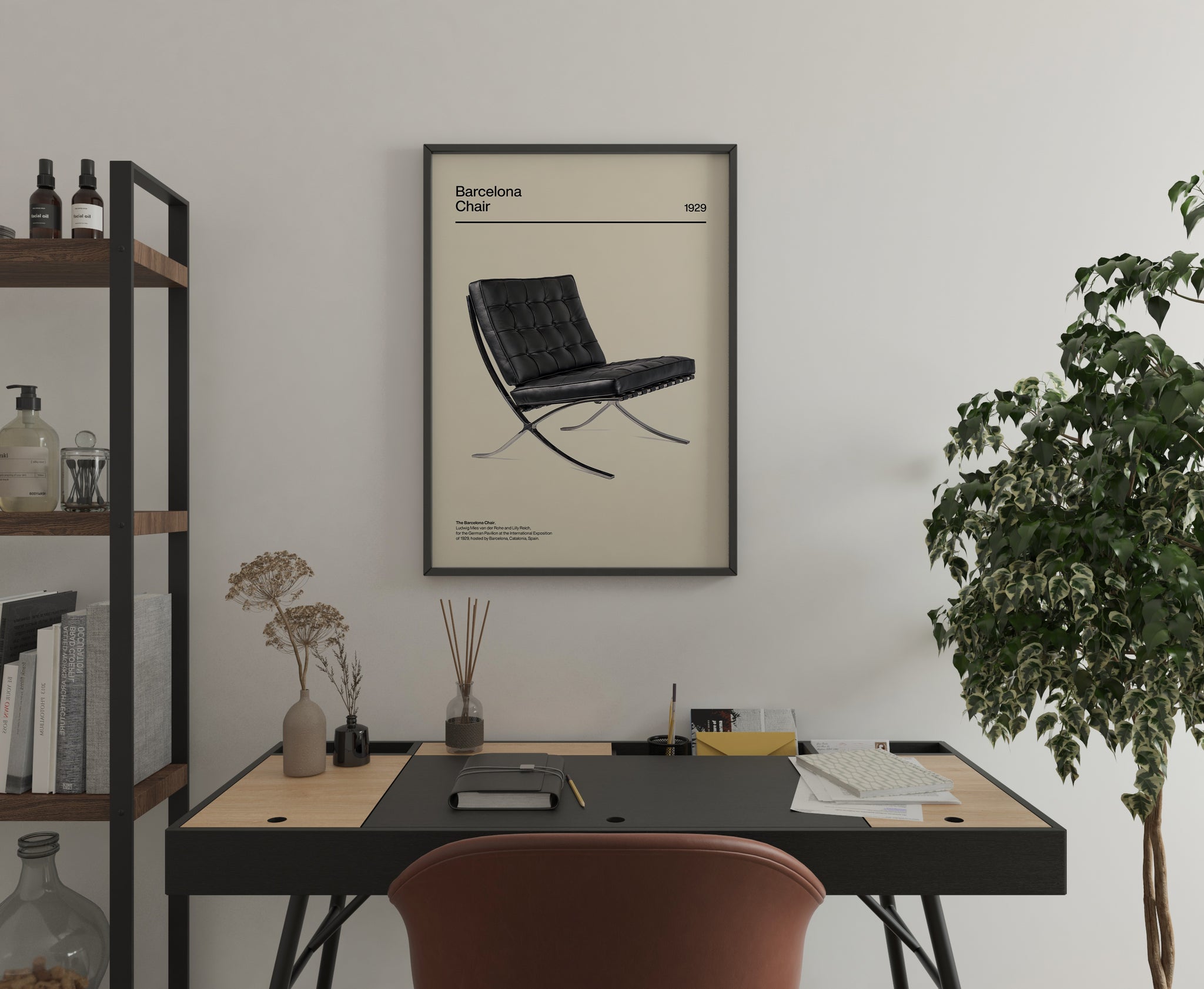 Barcelona chair poster with architectural design and clean typography layout