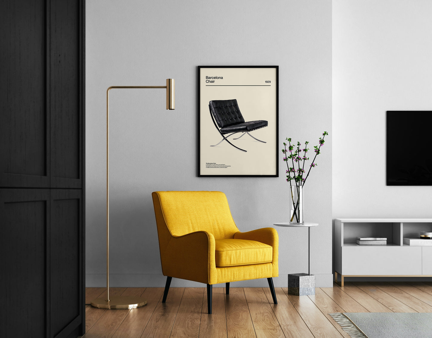 Barcelona chair poster in mid century modern interior wall decor setting