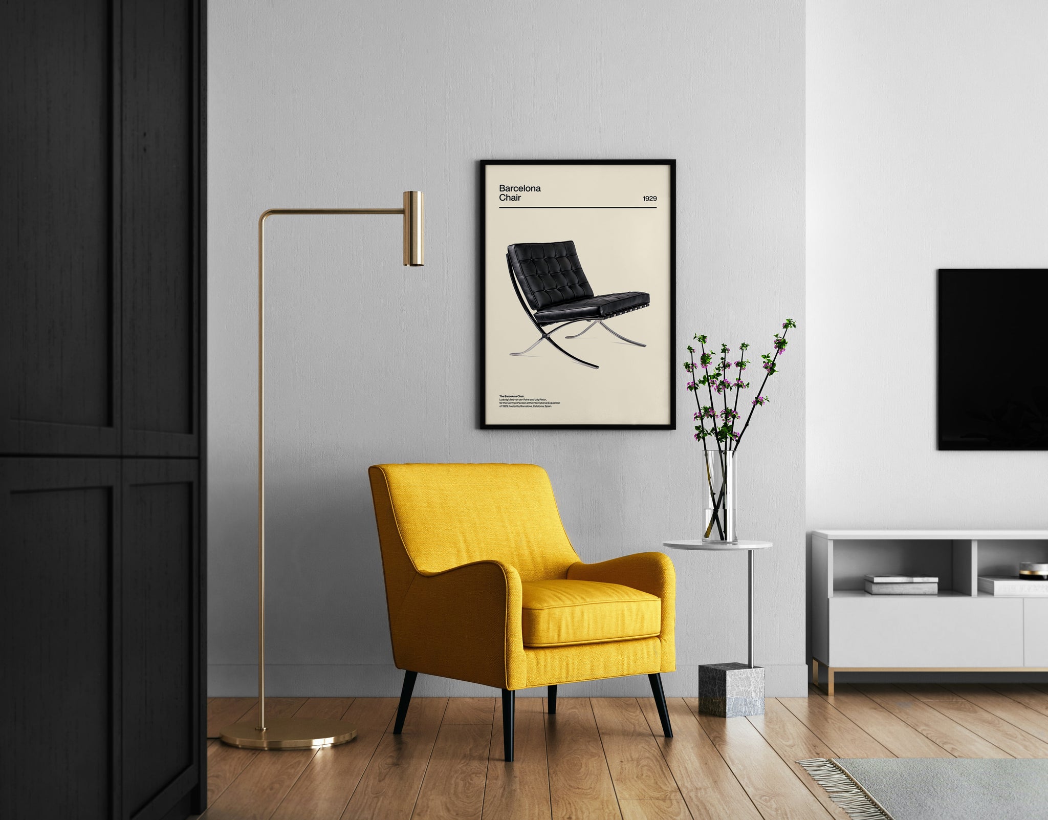 Barcelona chair poster in mid century modern interior wall decor setting