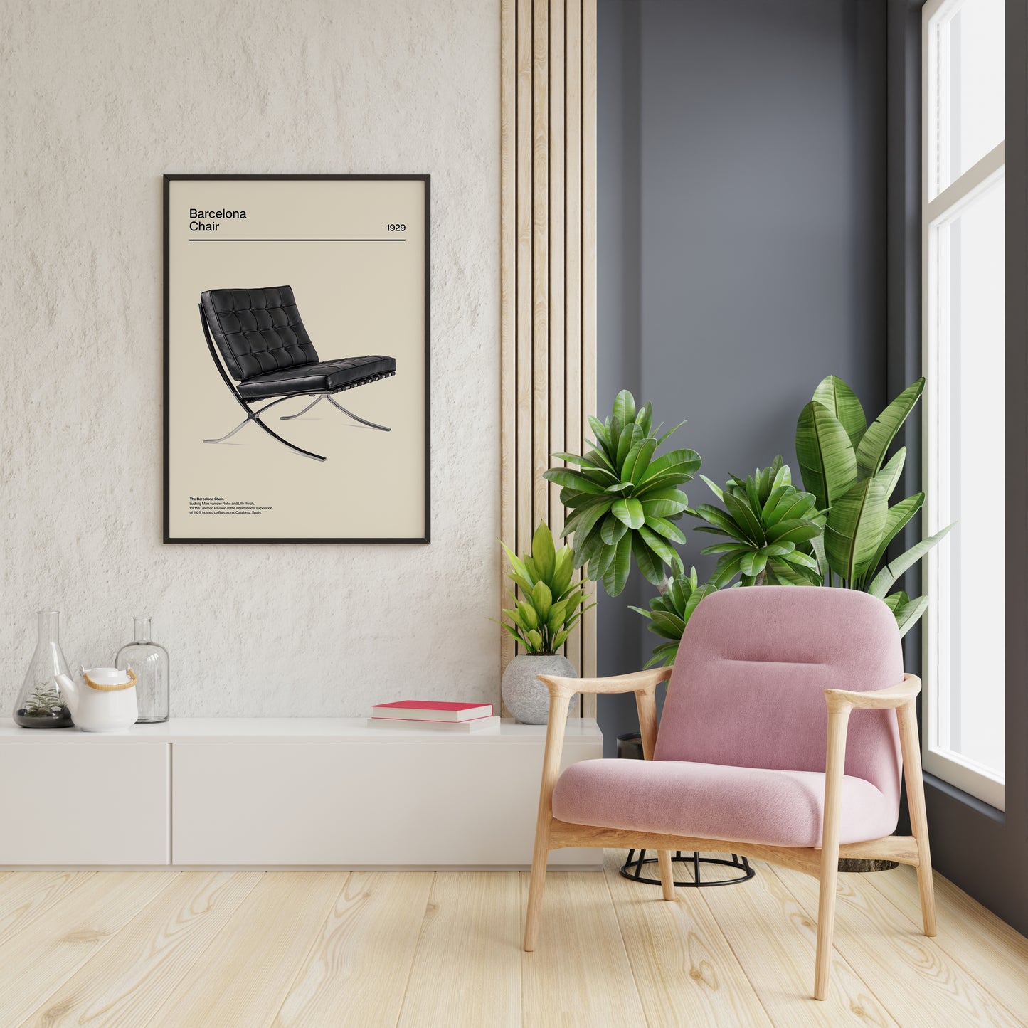 Barcelona chair poster styled as modern office wall art decor piece