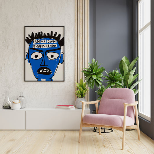 Basquiat-style blue face poster on blue wall, modern abstract gallery wall print
