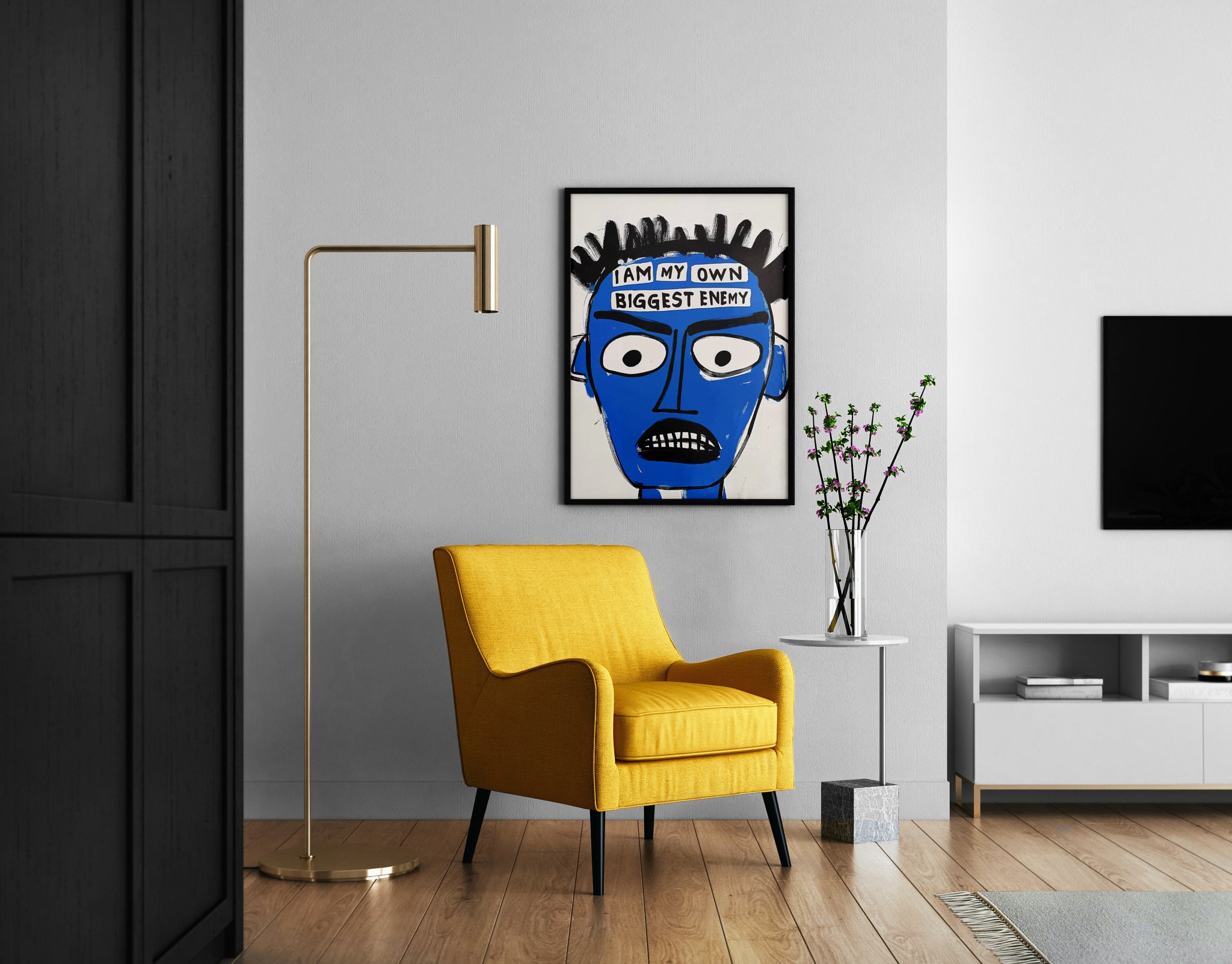 Basquiat-style blue face poster above sideboard, bold abstract portrait wall art