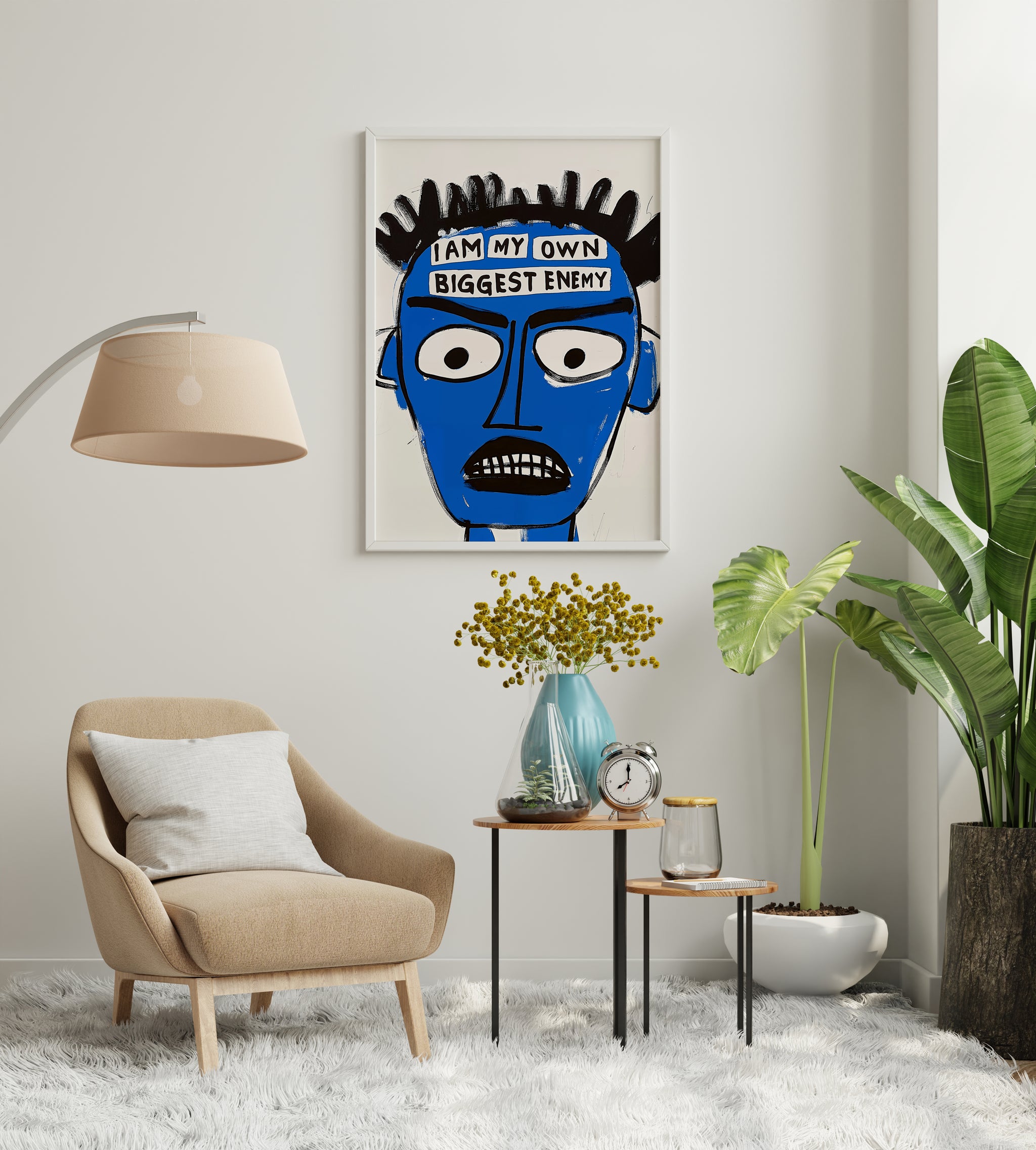 Basquiat-style blue portrait poster near window, expressive quote wall art for bedroom