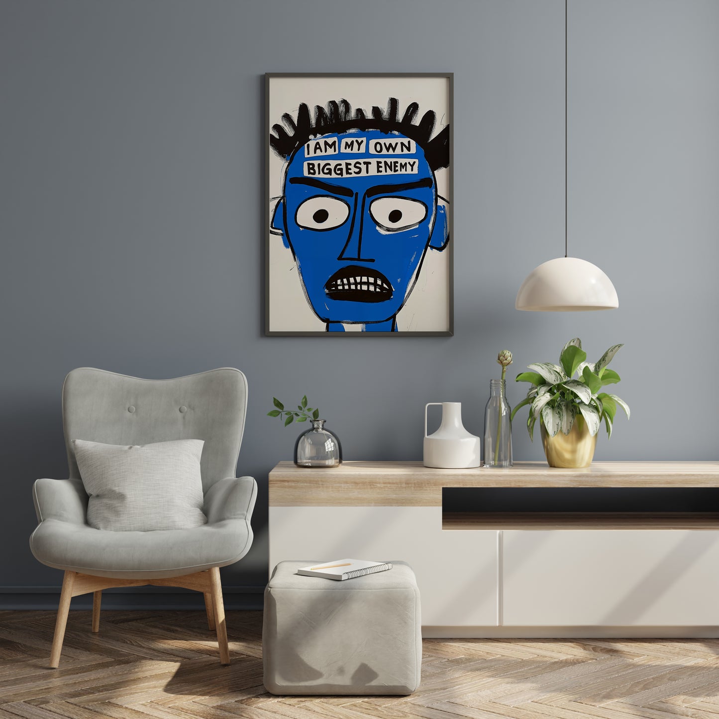 Basquiat-style abstract portrait print in reading corner, expressive blue wall art