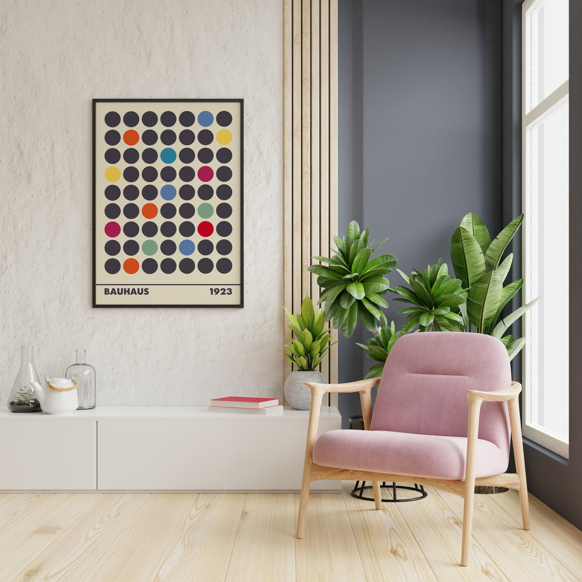 Bauhaus 1923 poster featuring a grid of colored dots on a cream background with 'BAUHAUS' and '1923' text at the bottom, displayed in a modern living room setting.